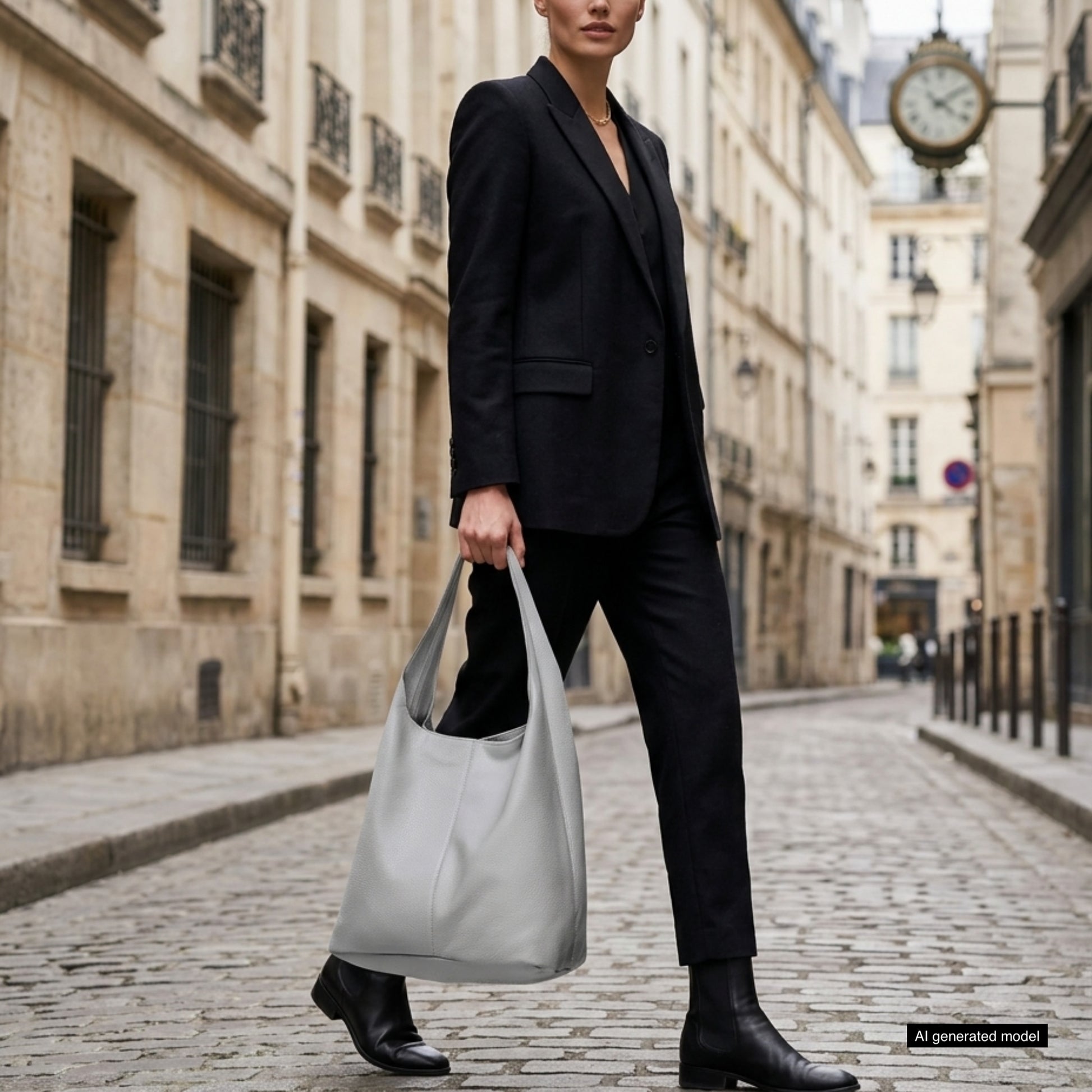 A person in a black suit and boots walks along a cobblestone street, holding an Italian leather hobo bag. Historic buildings and a clock are visible in the background.
