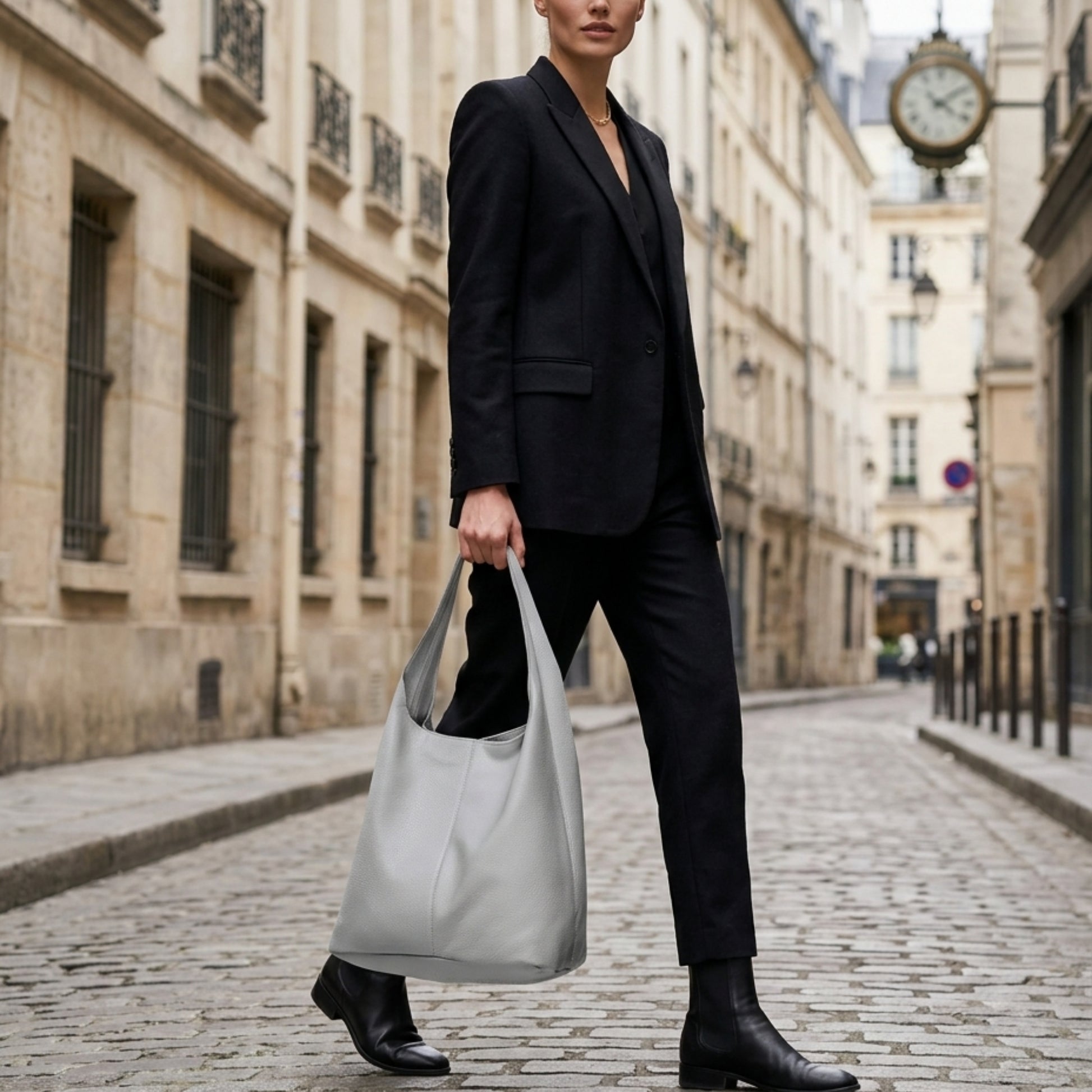 A person wearing a black suit and boots walks on a cobblestone street, holding a large Italian hobo bag in light gray genuine calf leather. Historic buildings and a clock are visible in the background.