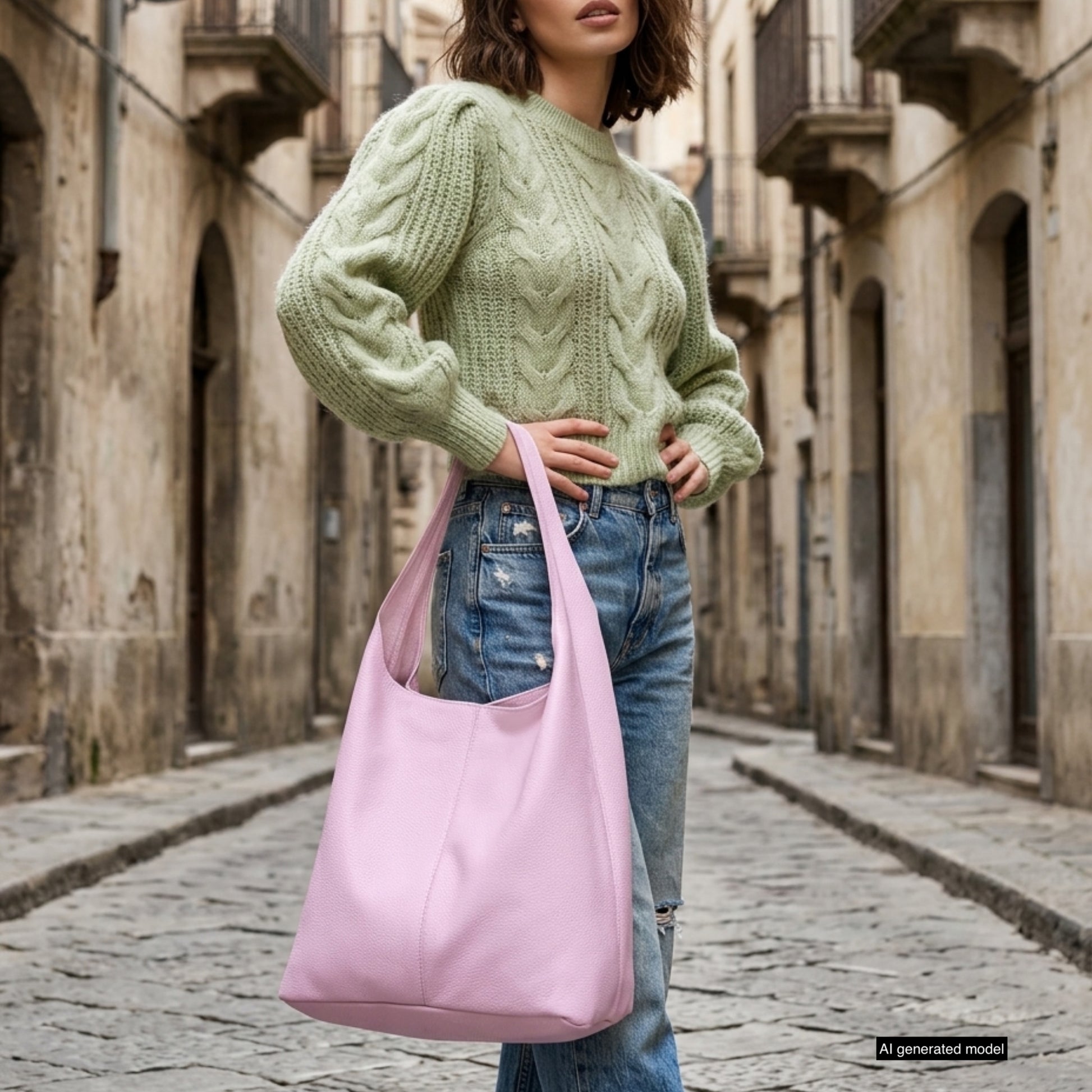 A woman in a chunky green sweater and distressed jeans stands on a cobblestone street, holding a handmade in Italy women's shoulder purse. The background reveals old, narrow buildings.