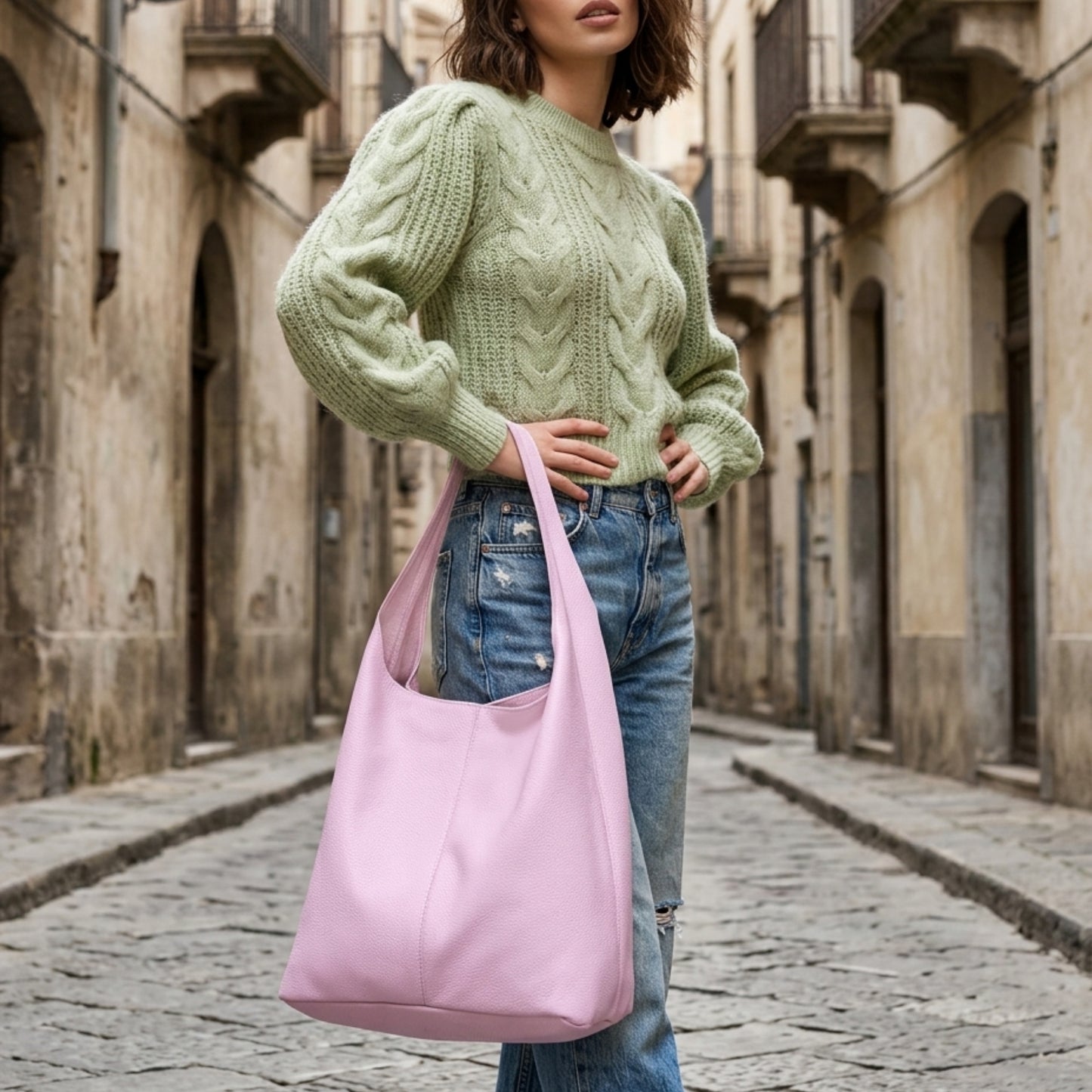 A woman in a green cable-knit sweater and ripped jeans stands on a cobblestone street, carrying an Italian hobo bag. The old buildings in the background evoke a European setting. Her face is not visible.