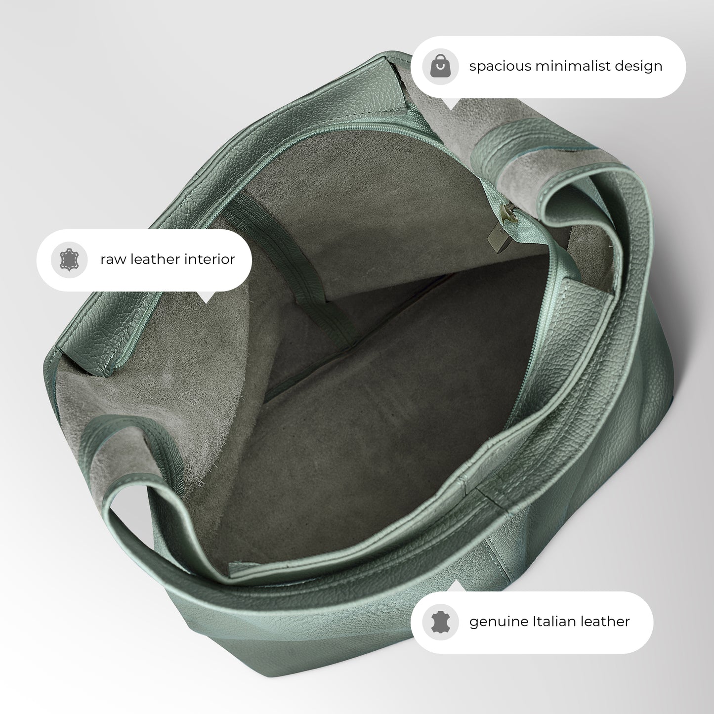 Spacious mint-green handbag with a raw leather interior, showcasing a minimalist design.