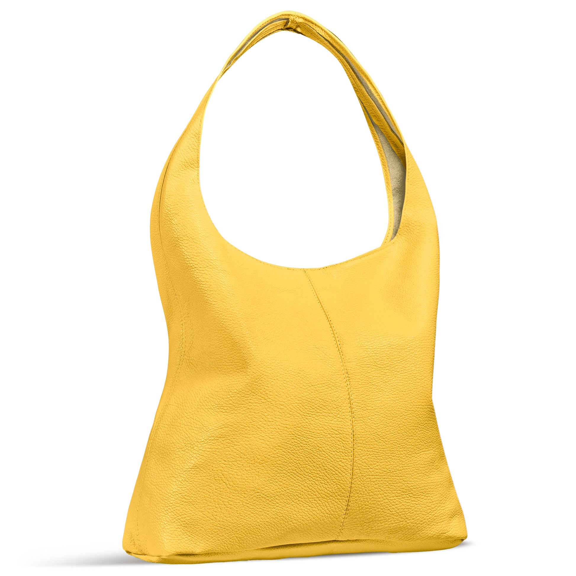 Bright yellow leather shoulder bag with a soft texture and slouchy silhouette.