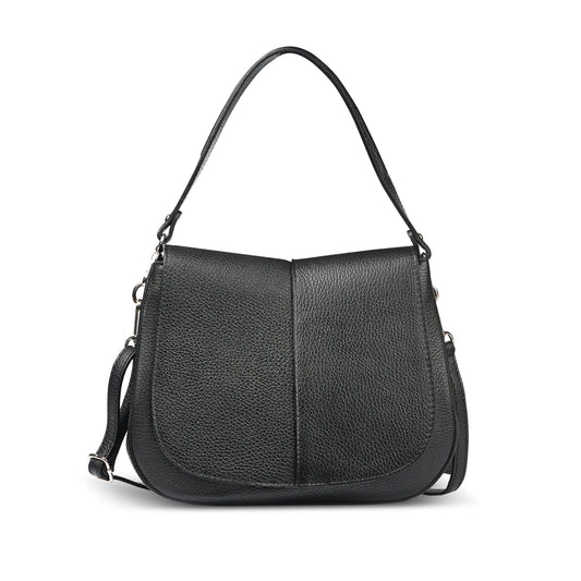 A medium-sized handbag crafted from full-grain calf leather with a textured finish, featuring a short top handle, flap closure, and an adjustable detachable shoulder strap, shown against a white background.