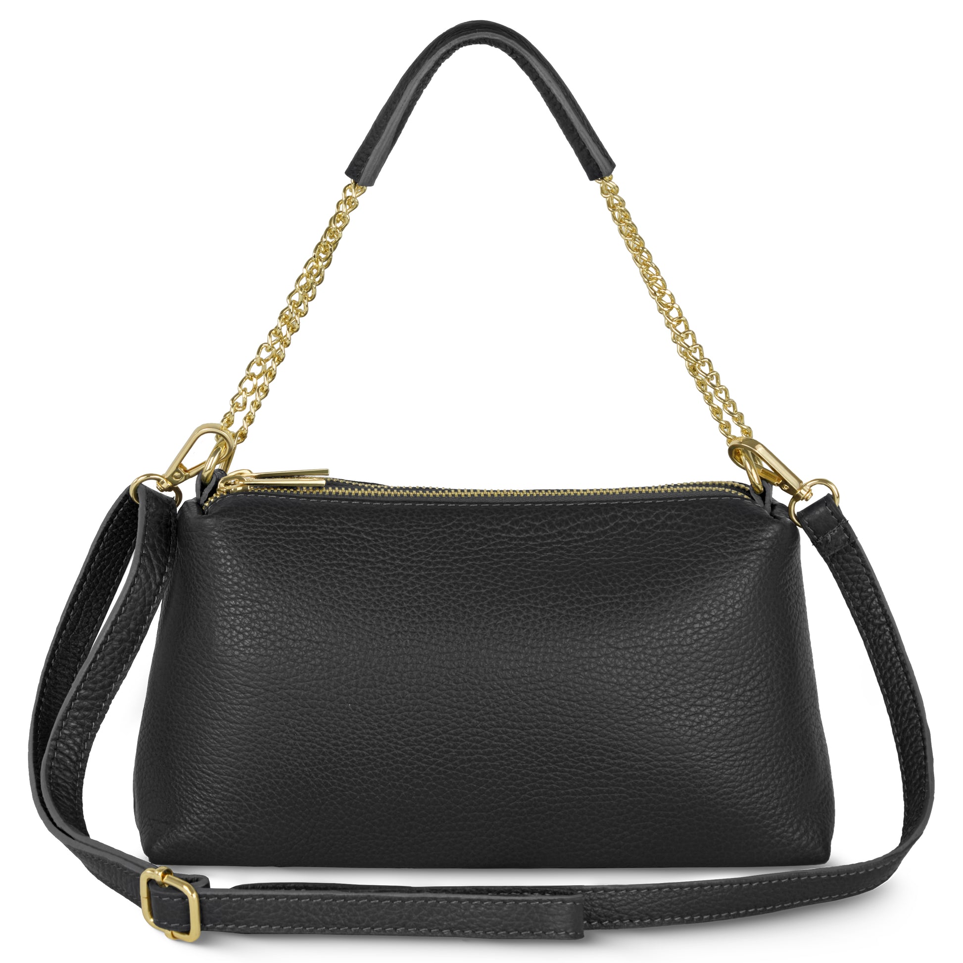 A luxury black shoulder bag with gold chain accents, a short handle, a detachable adjustable strap, and a zippered top closure.