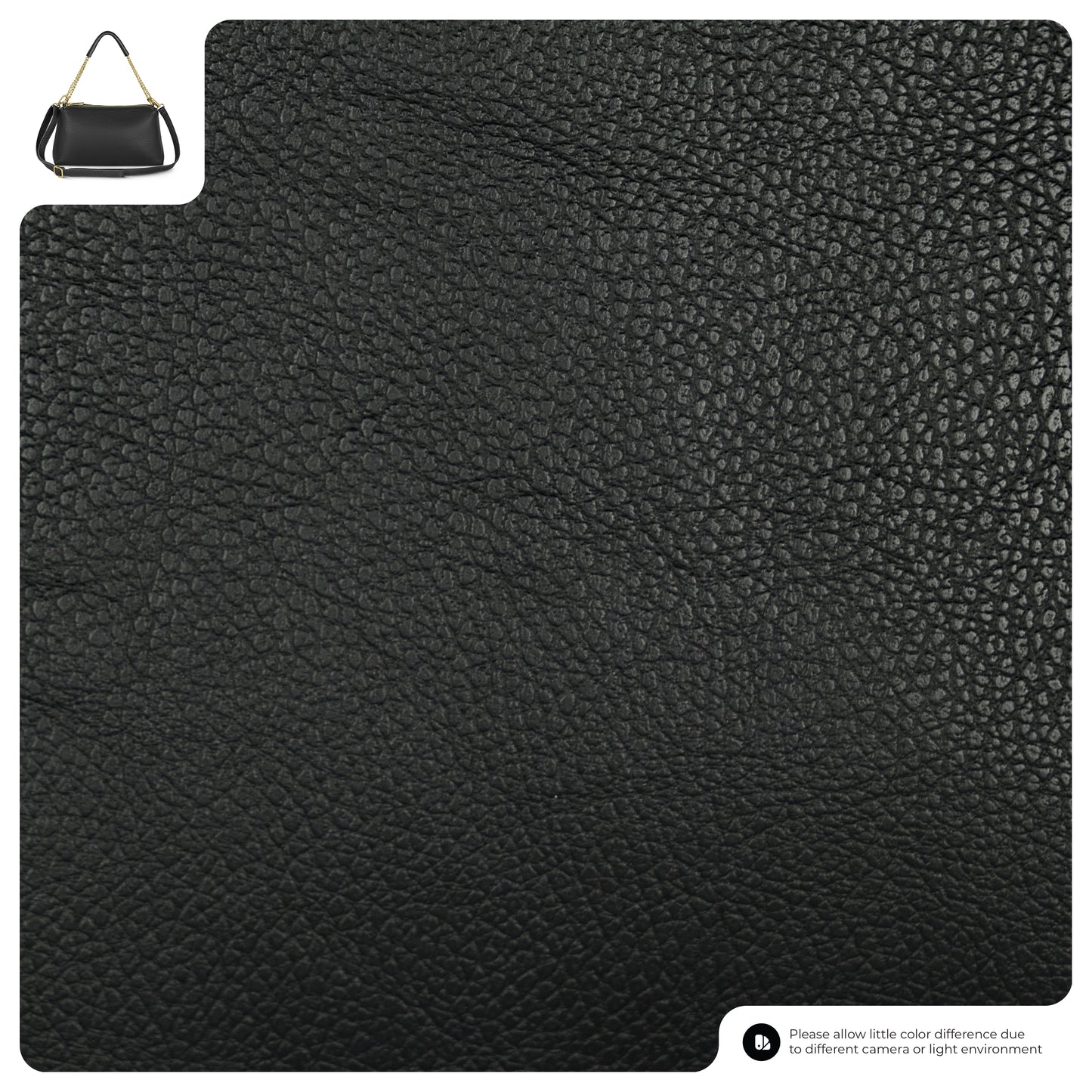 A close-up of black textured Italian leather bag with a small elegant shoulder bag shown in the upper left corner. A note at the bottom mentions possible color differences due to camera or lighting.