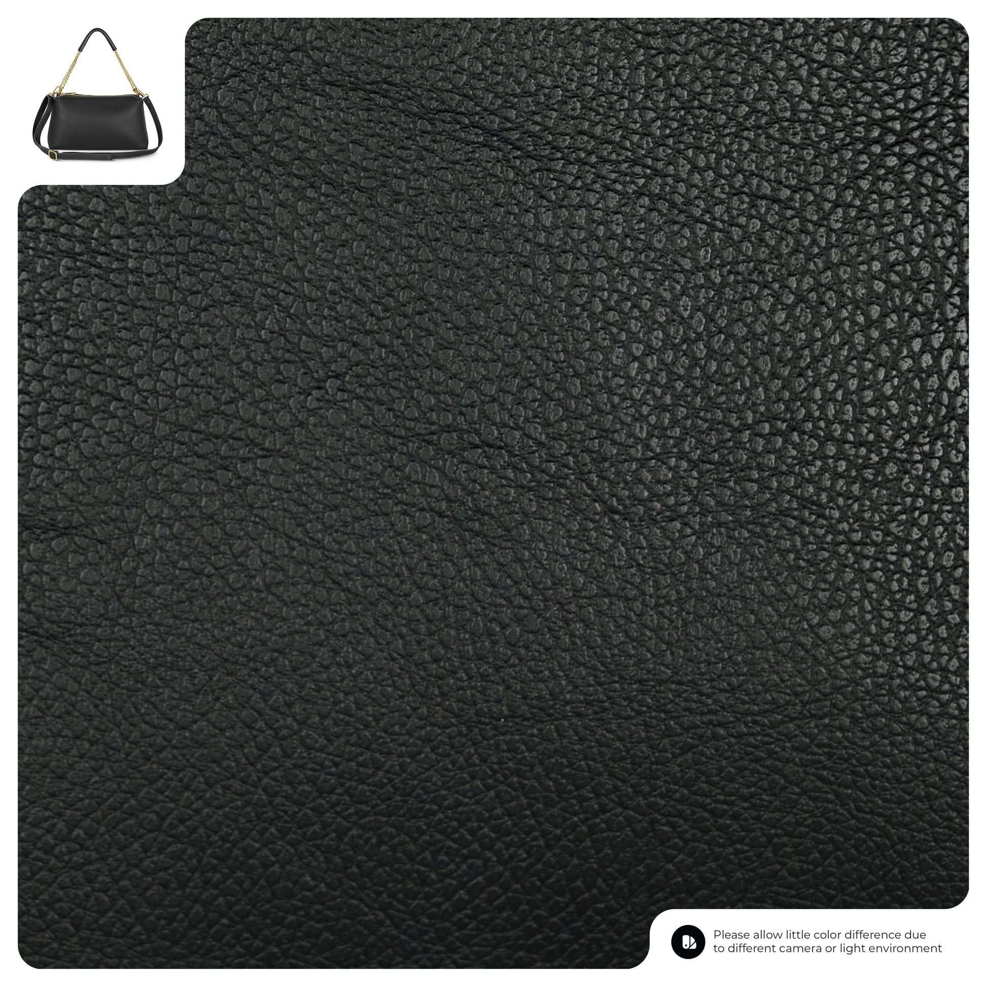 A close-up of black textured Italian leather bag with a small elegant shoulder bag shown in the upper left corner. A note at the bottom mentions possible color differences due to camera or lighting.