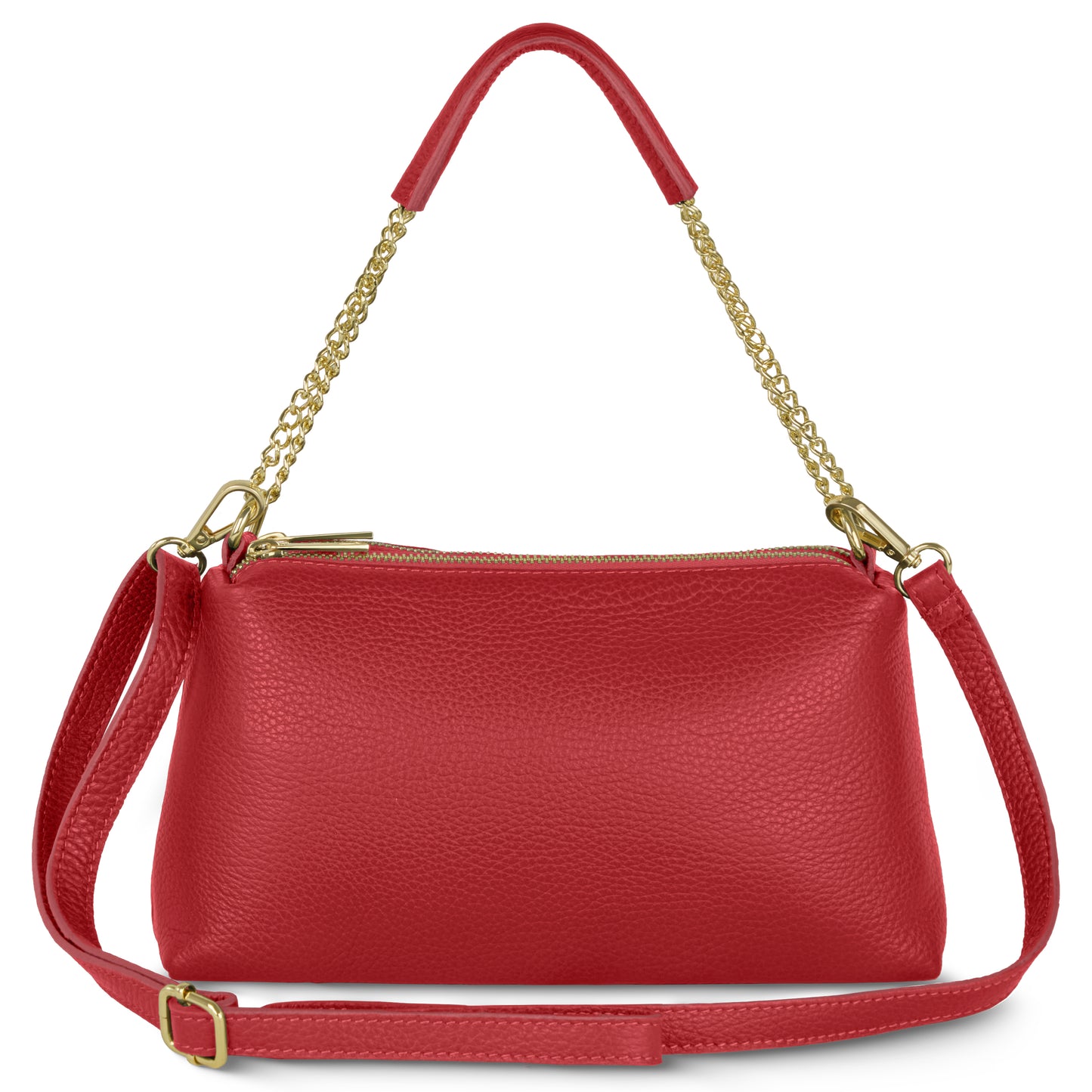 A red bag with gold chain and leather handles, zippered top, adjustable shoulder strap, textured finish, and a simple, elegant design.