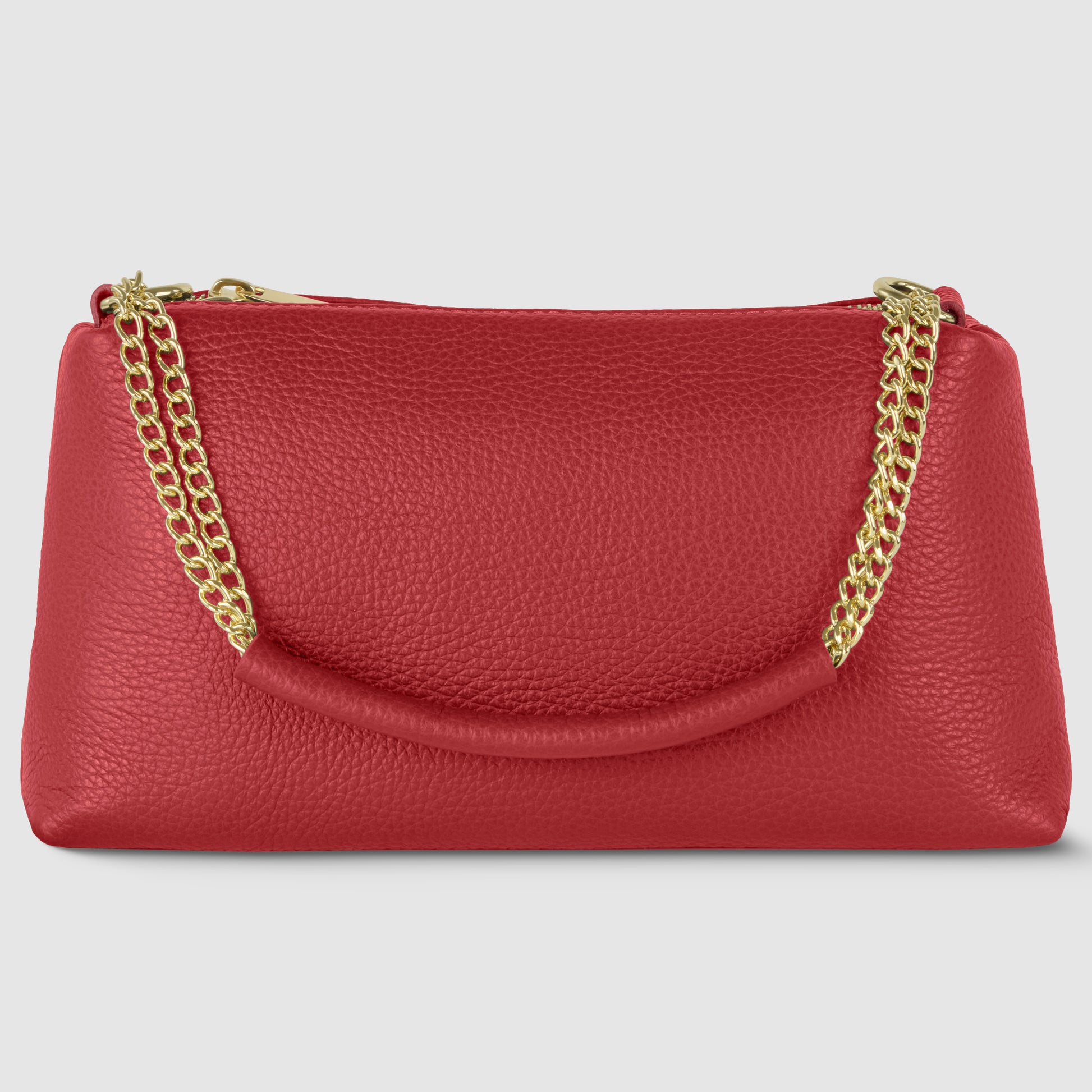A textured red Italian leather bag with a gold chain strap, displayed against a plain light gray background.