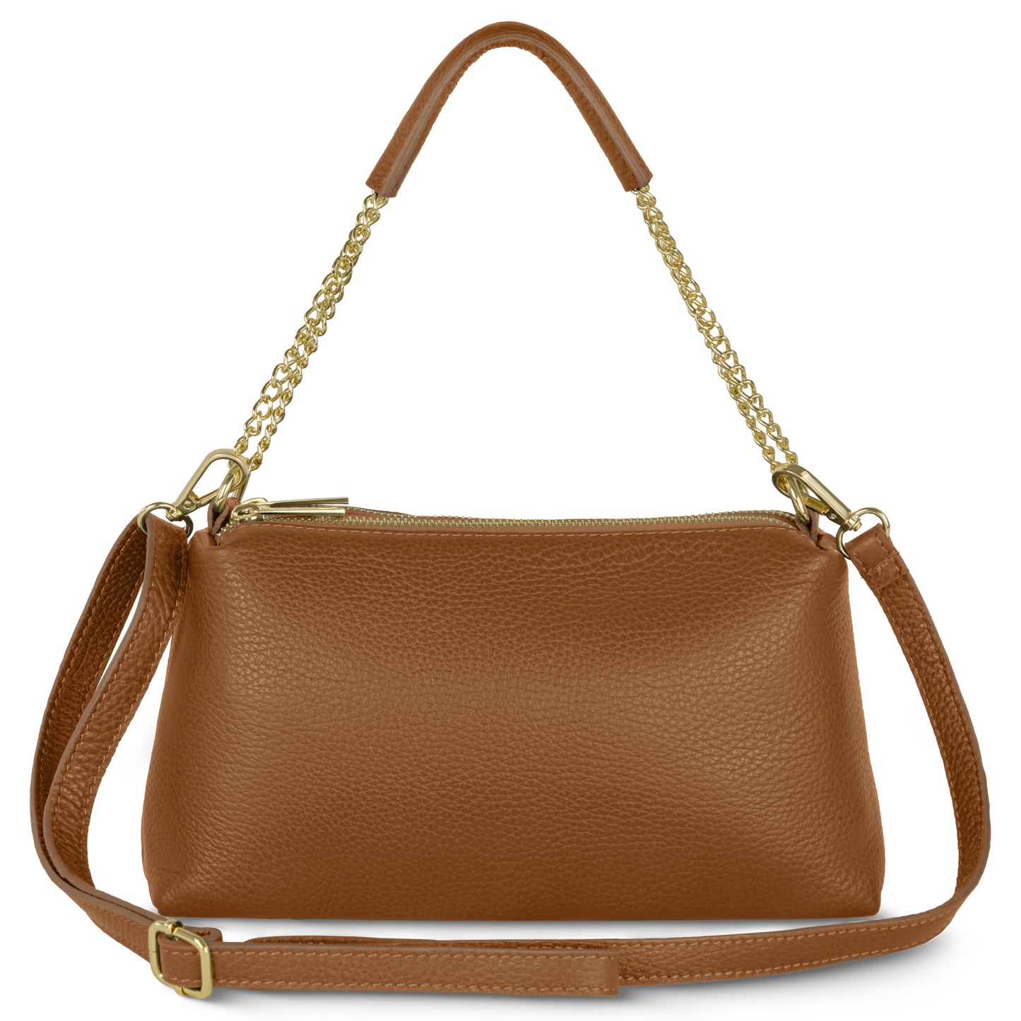 Elegant brown calf leather handbag with a gold chain handle, gold zipper, and adjustable leather shoulder strap, displayed on a plain white background.