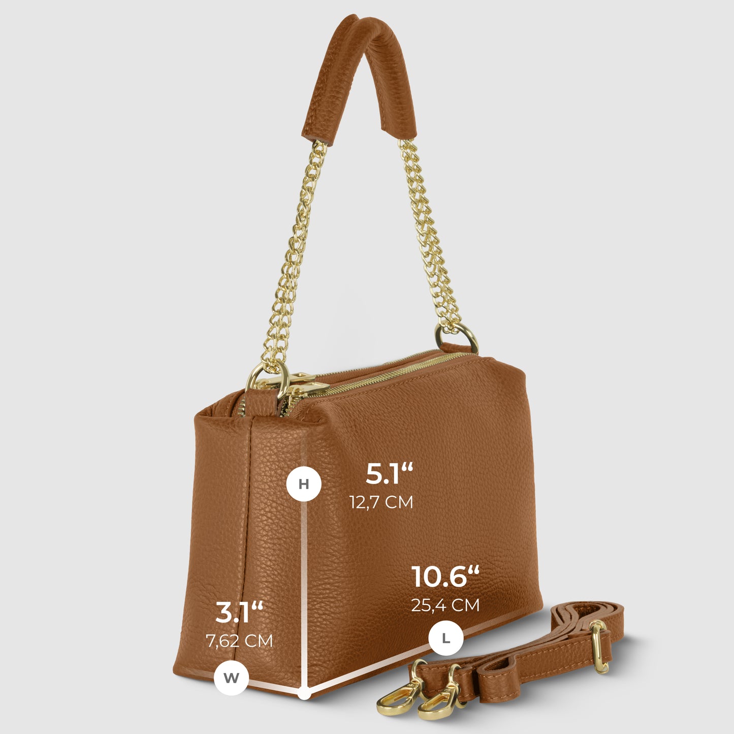 An elegant shoulder bag crafted from brown calf leather with gold chain handles, a removable strap, and gold zipper. Dimensions: 5.1" (height), 3.1" (width), 10.6" (length). The bag sits on a light gray background.