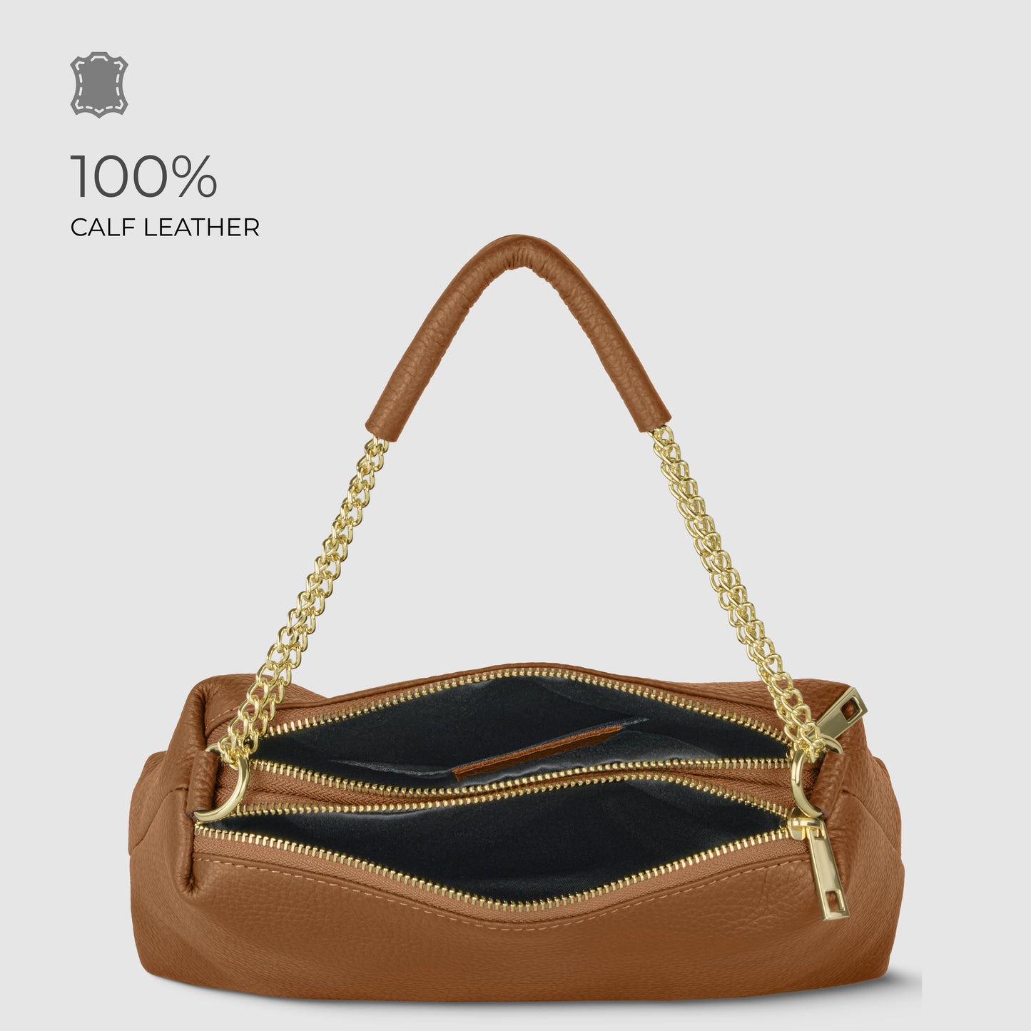A brown calf leather handbag with gold chain handles and two open zippered compartments, revealing a black interior. Text on the image reads 100% CALF LEATHER with a small leather icon above it—an elegant shoulder bag for any occasion.