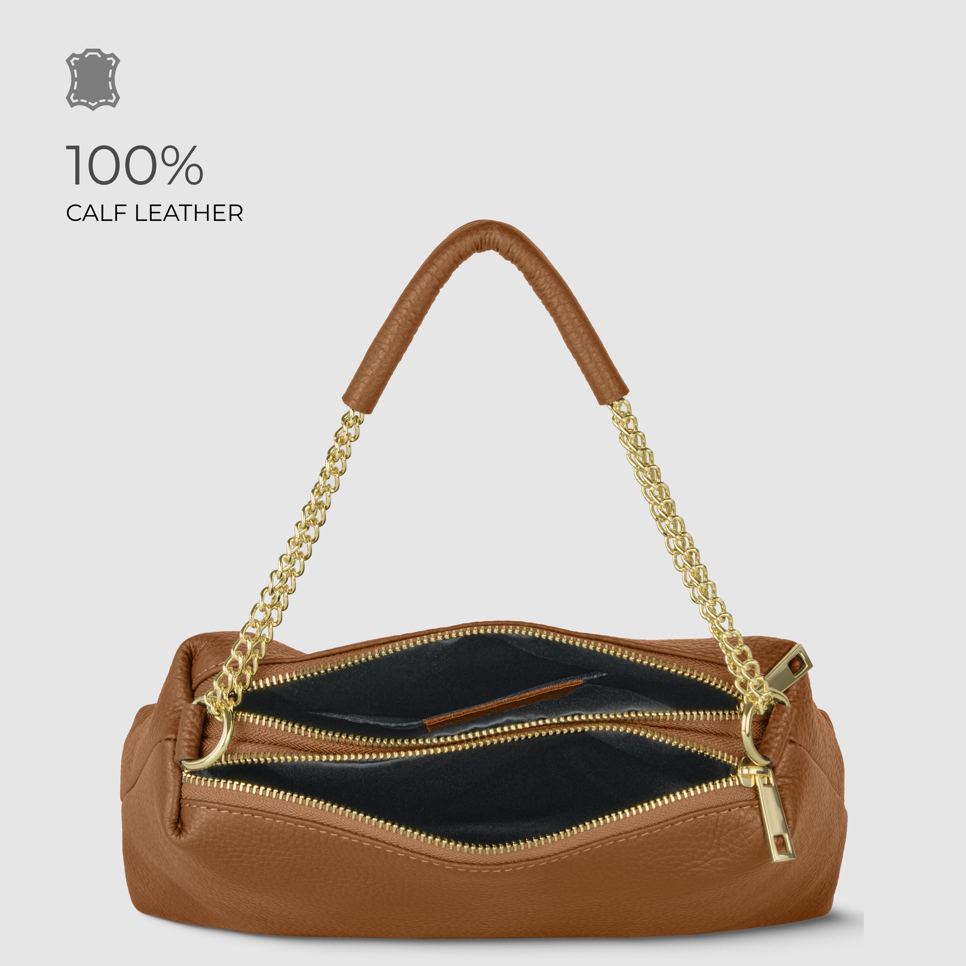 A brown calf leather handbag with gold chain handles and two open zippered compartments, revealing a black interior. Text on the image reads 100% CALF LEATHER with a small leather icon above it—an elegant shoulder bag for any occasion.