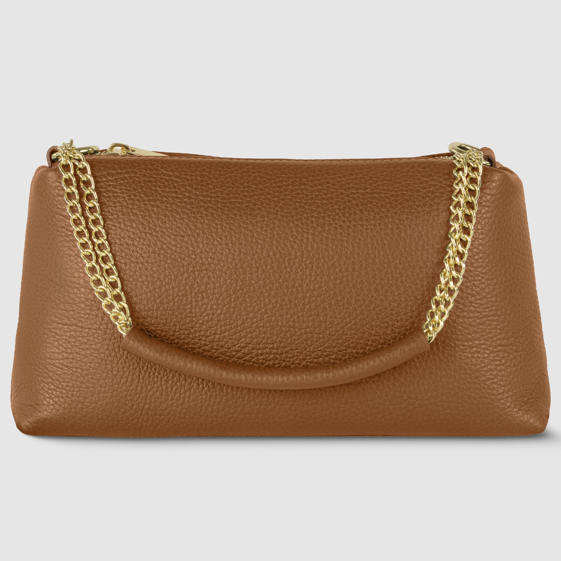 An elegant calf leather handbag with a textured surface and gold chain handles, displayed against a light gray background.