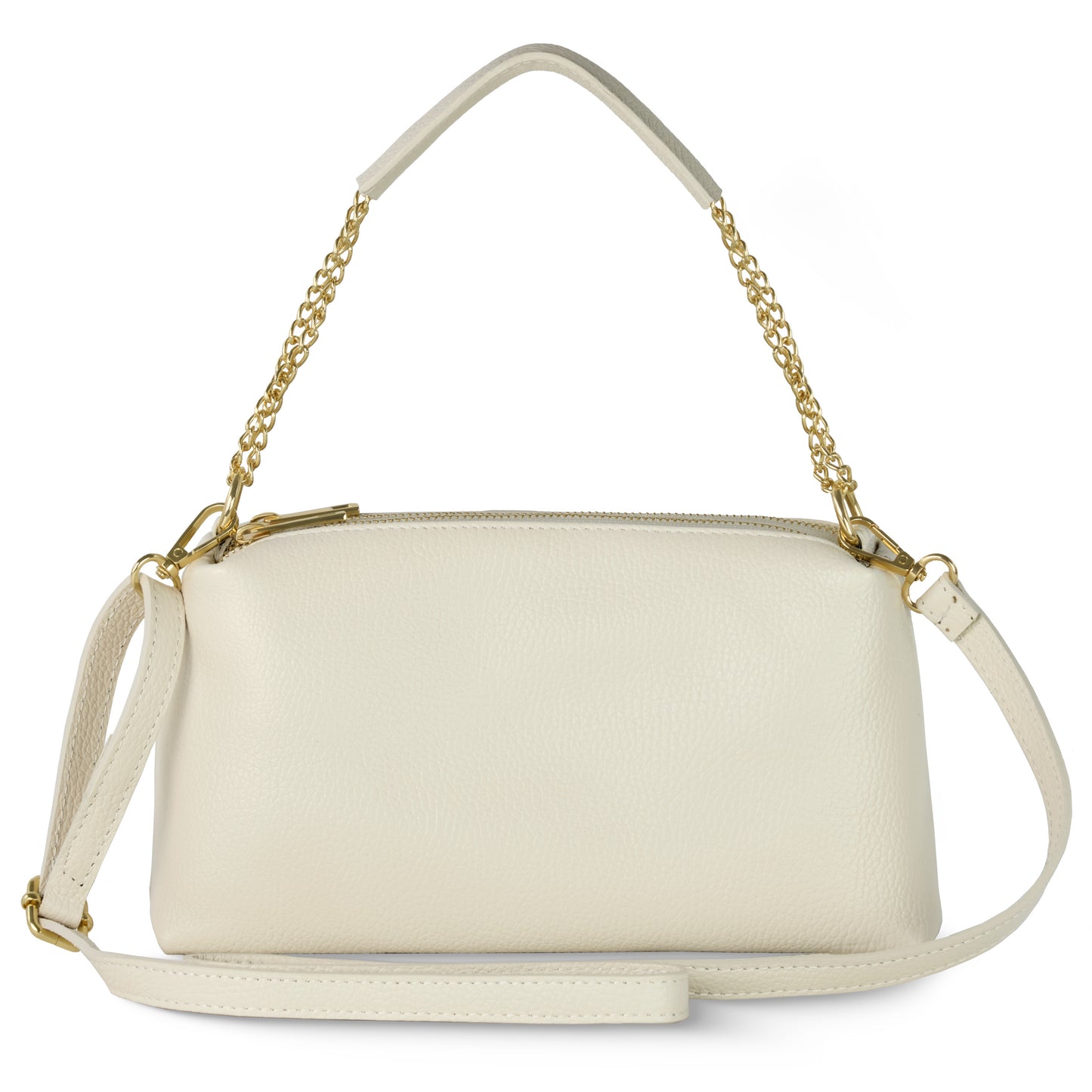 A cream-colored Italian leather bag with gold chain and leather handles, featuring a zippered closure and detachable shoulder strap, displayed on a white background—a luxury everyday bag for any occasion.