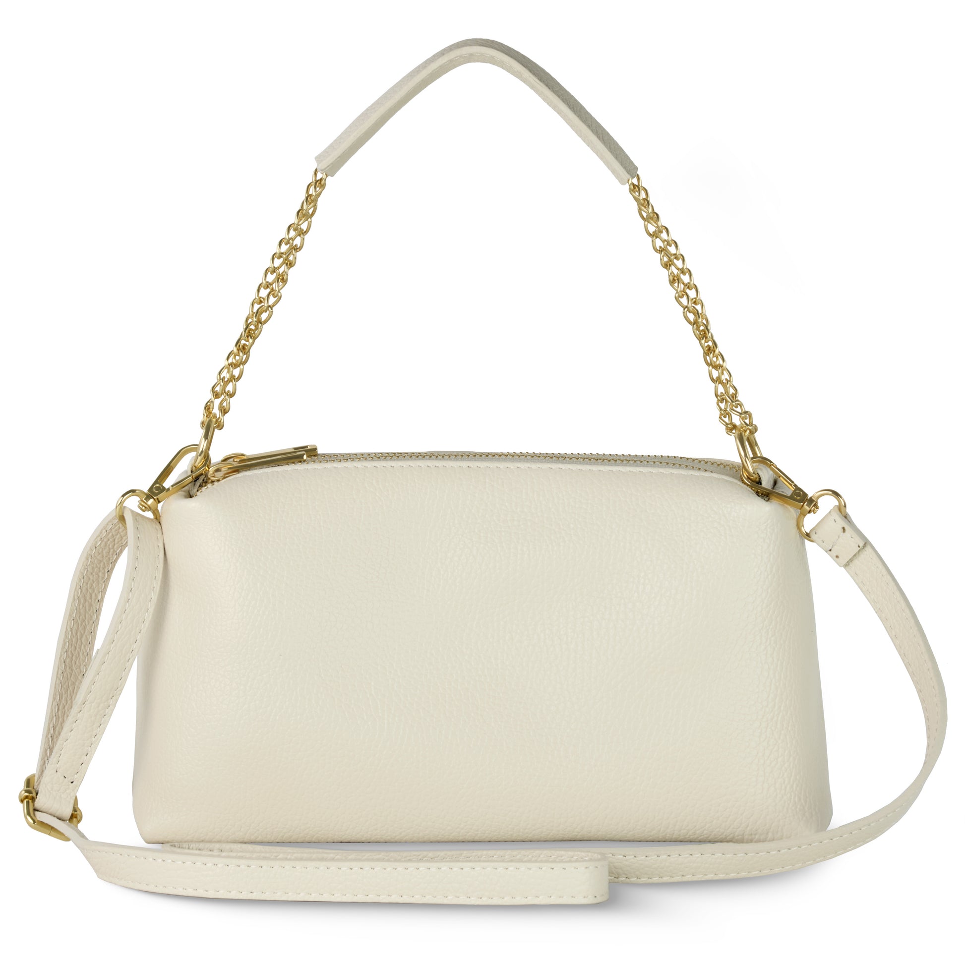 A cream-colored Italian leather bag with gold chain and leather handles, featuring a zippered closure and detachable shoulder strap, displayed on a white background—a luxury everyday bag for any occasion.