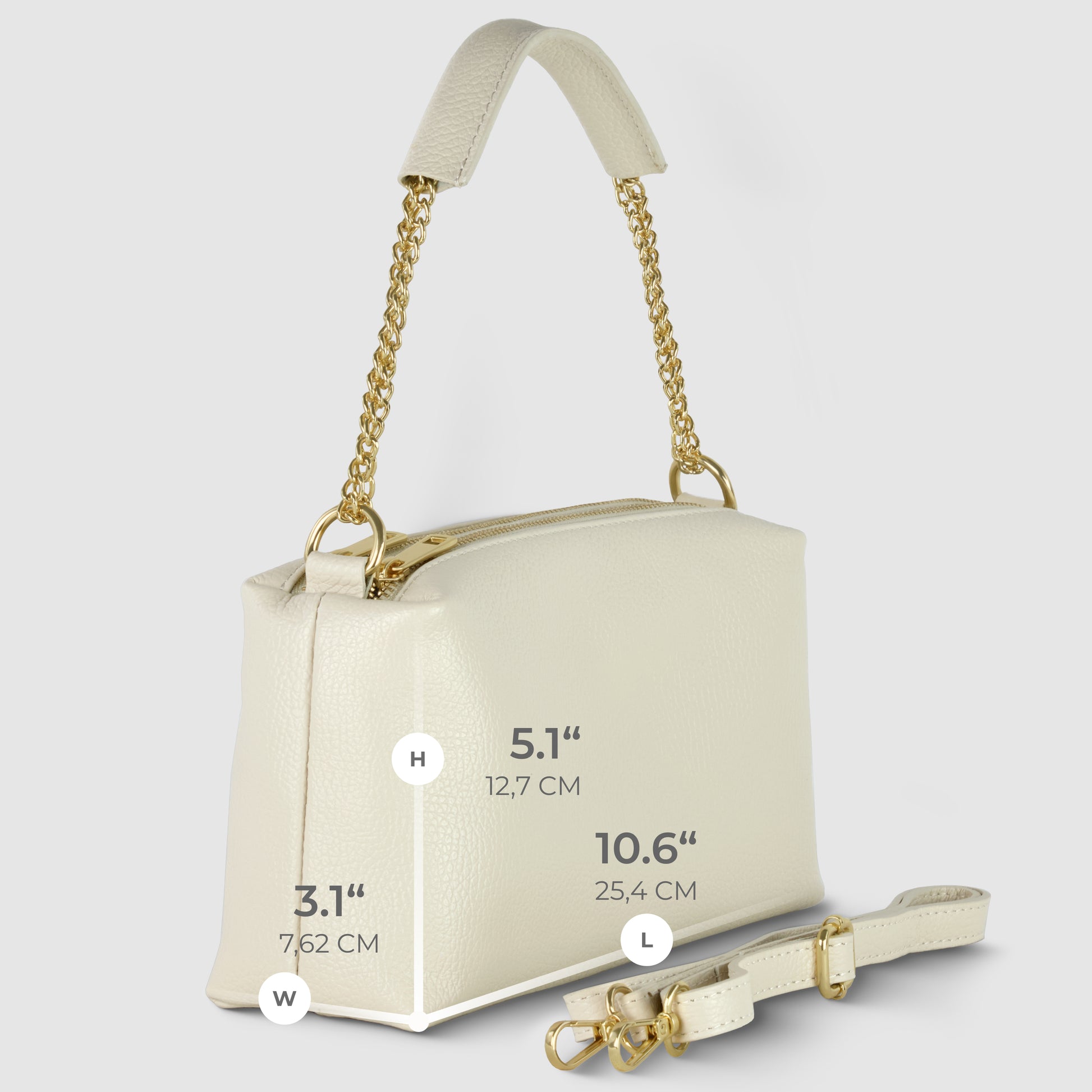 A cream-colored Italian leather bag with a gold chain handle and detachable strap, displayed on a light background. Dimensions labeled: height 5.1 (12.7 cm), width 3.1 (7.62 cm), length 10.6 (25.4 cm).