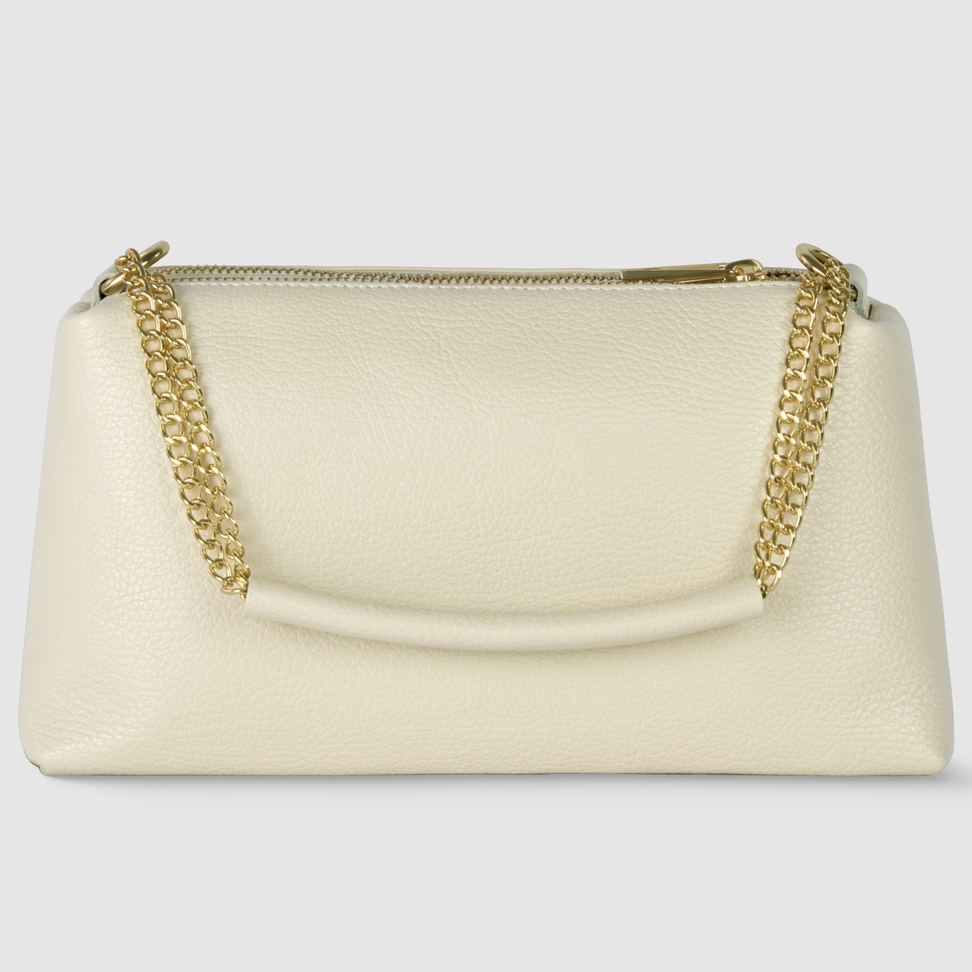 A cream-colored calf leather handbag with a textured finish, featuring a gold chain strap and zipper closure on top, displayed against a plain light gray background.
