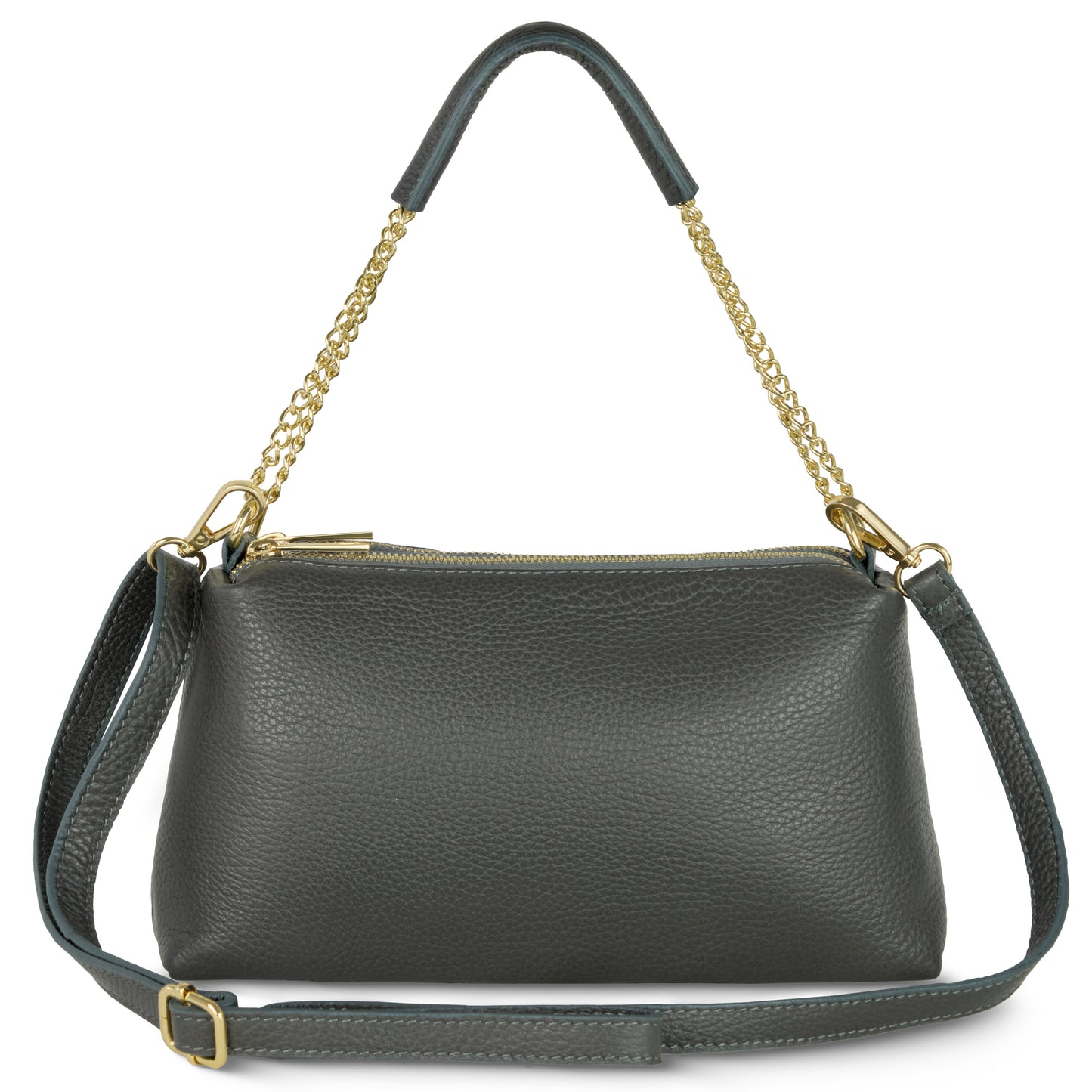 A dark gray Italian leather bag with a gold zipper, gold chain handle, and an adjustable leather shoulder strap, displayed on a white background—a perfect luxury everyday bag.