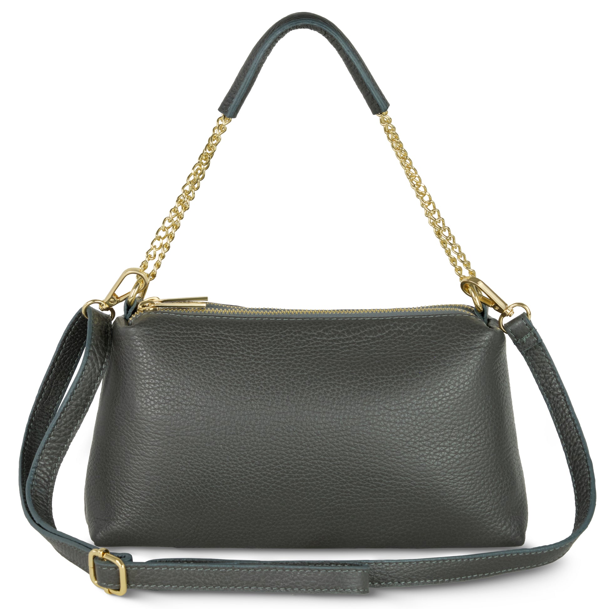 A dark gray Italian leather bag with a gold zipper, gold chain handle, and an adjustable leather shoulder strap, displayed on a white background—a perfect luxury everyday bag.