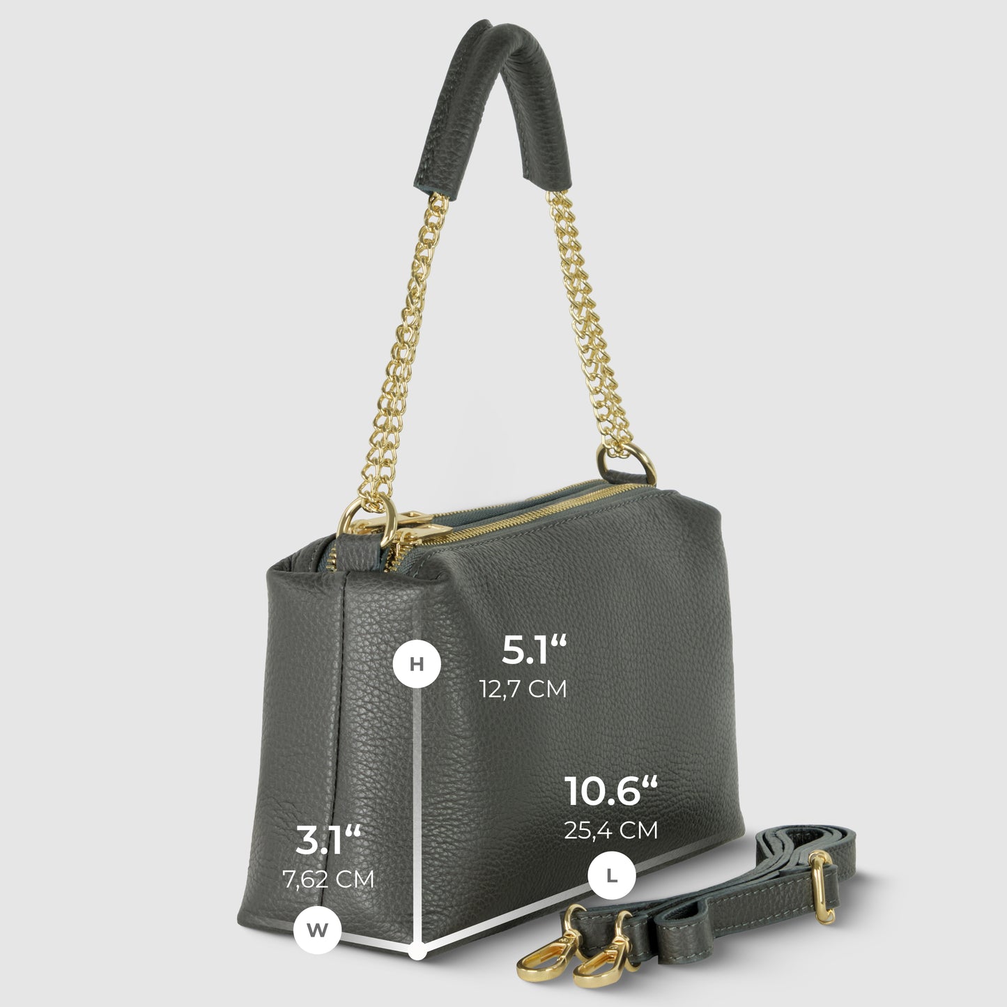 A luxury shoulder bag in dark gray features gold chain handles and a detachable strap. Crafted from premium Italian leather, its dimensions are labeled: height 5.1 (12.7 cm), width 3.1 (7.62 cm), length 10.6 (25.4 cm).