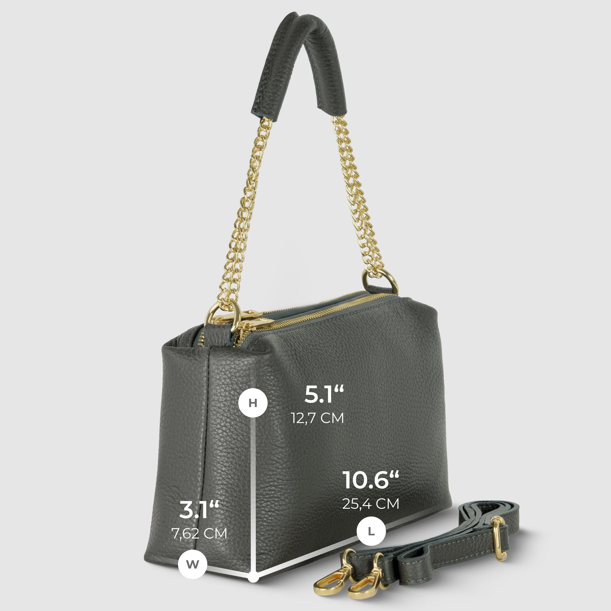 A luxury shoulder bag in dark gray features gold chain handles and a detachable strap. Crafted from premium Italian leather, its dimensions are labeled: height 5.1 (12.7 cm), width 3.1 (7.62 cm), length 10.6 (25.4 cm).