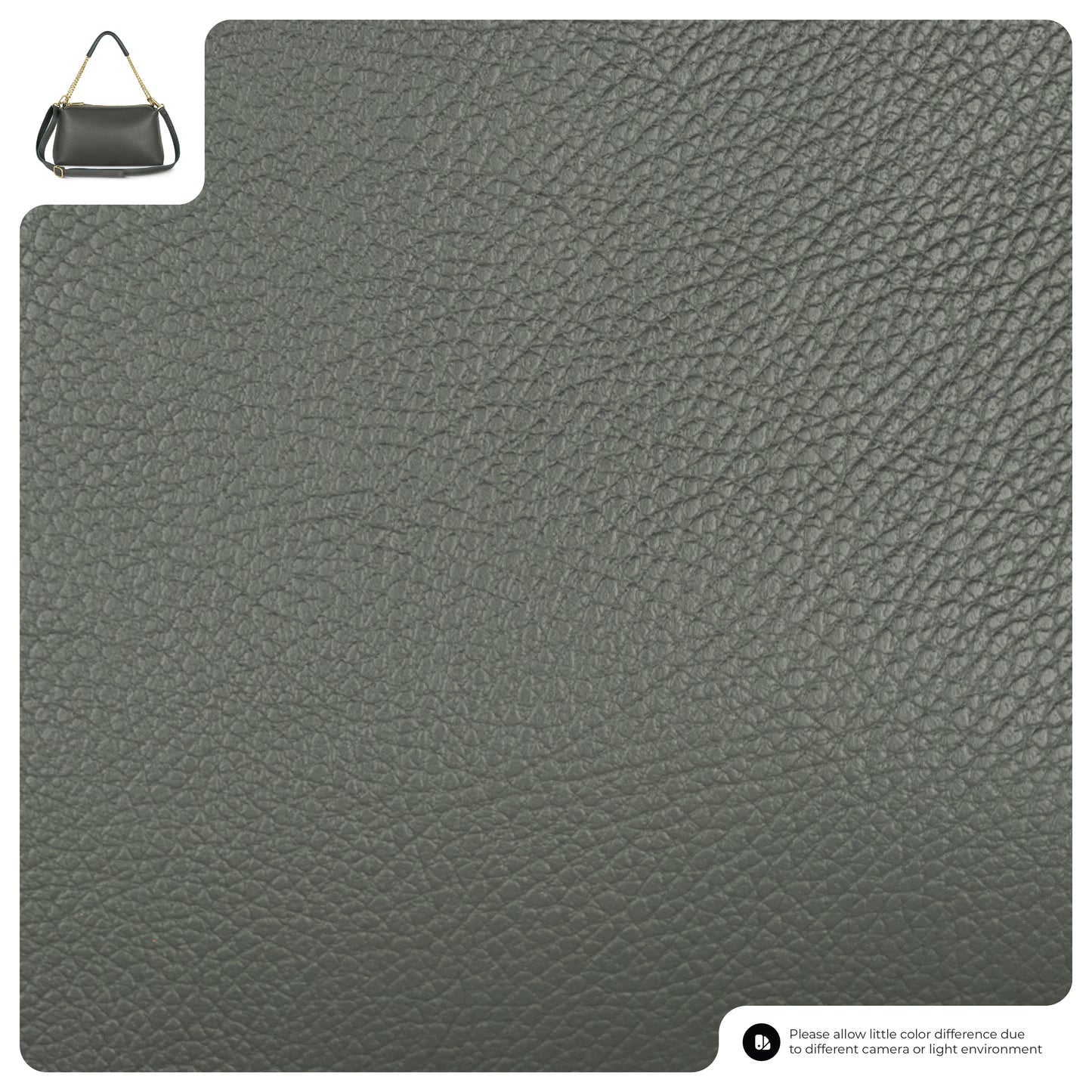 Close-up view of textured gray Italian leather bag material, with a small inset image of a gray handbag in the upper left corner and a note about possible color differences due to camera or lighting near the bottom right.