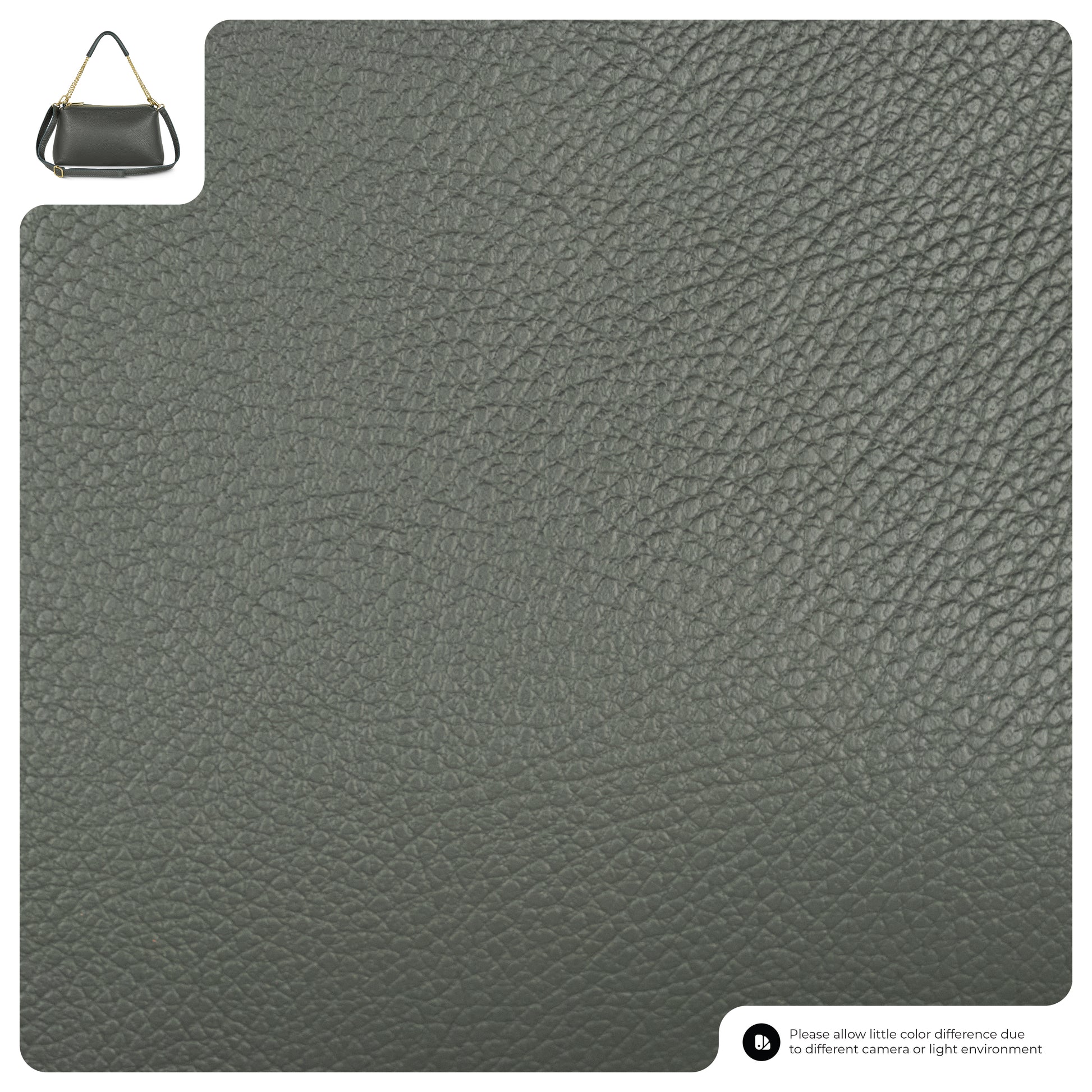 Close-up view of textured gray Italian leather bag material, with a small inset image of a gray handbag in the upper left corner and a note about possible color differences due to camera or lighting near the bottom right.