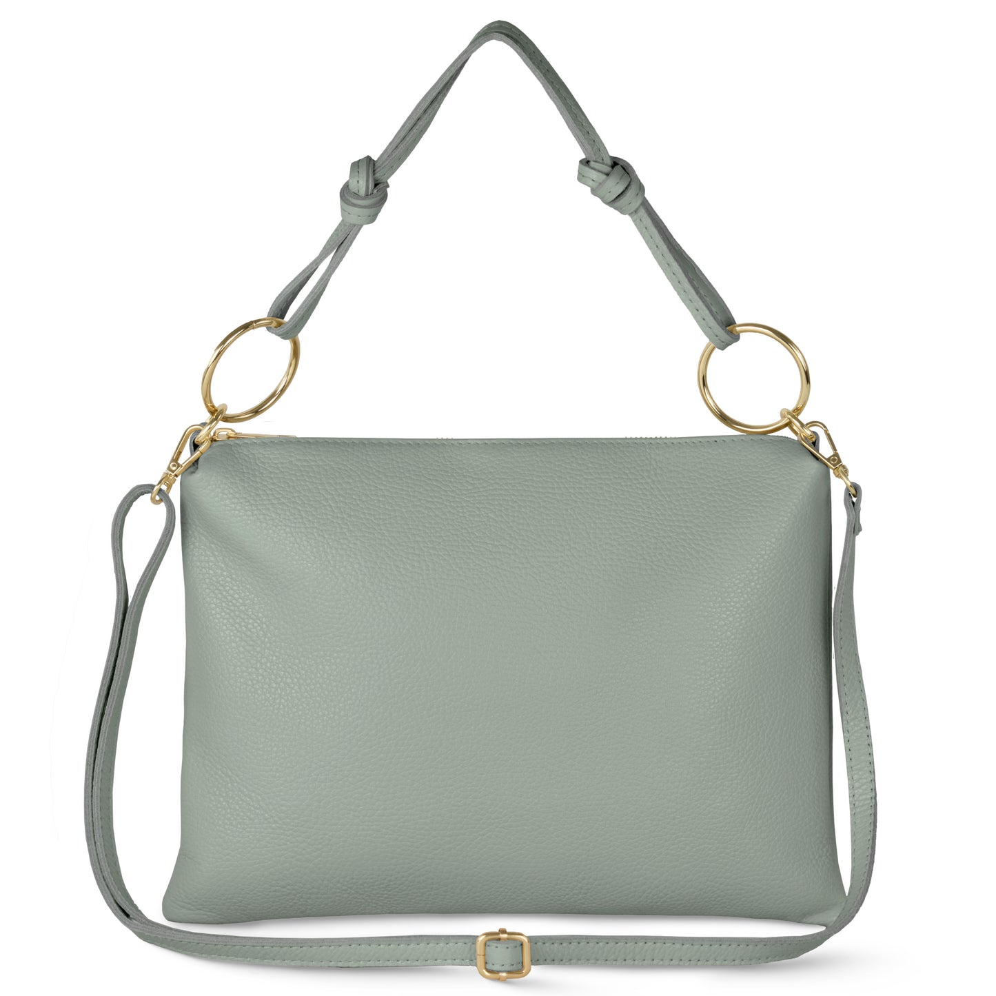 A grey structured crossbody bag crafted from Italian leather with gold ring accents, knotted handles, and a long adjustable strap, shown against a white background.