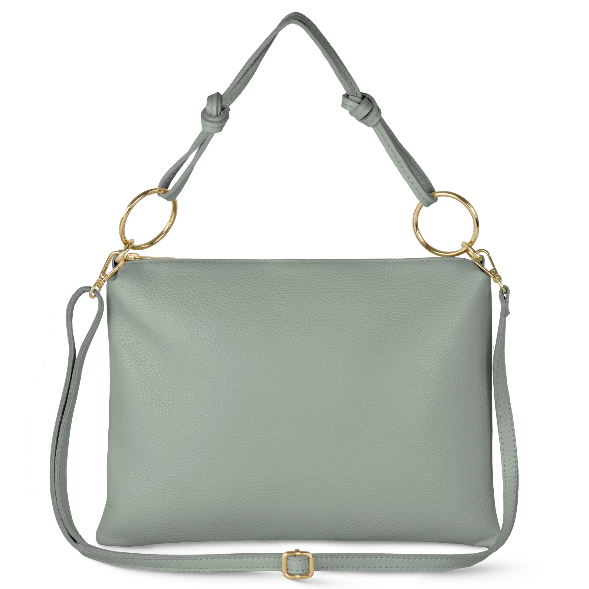 A grey structured crossbody bag crafted from Italian leather with gold ring accents, knotted handles, and a long adjustable strap, shown against a white background.