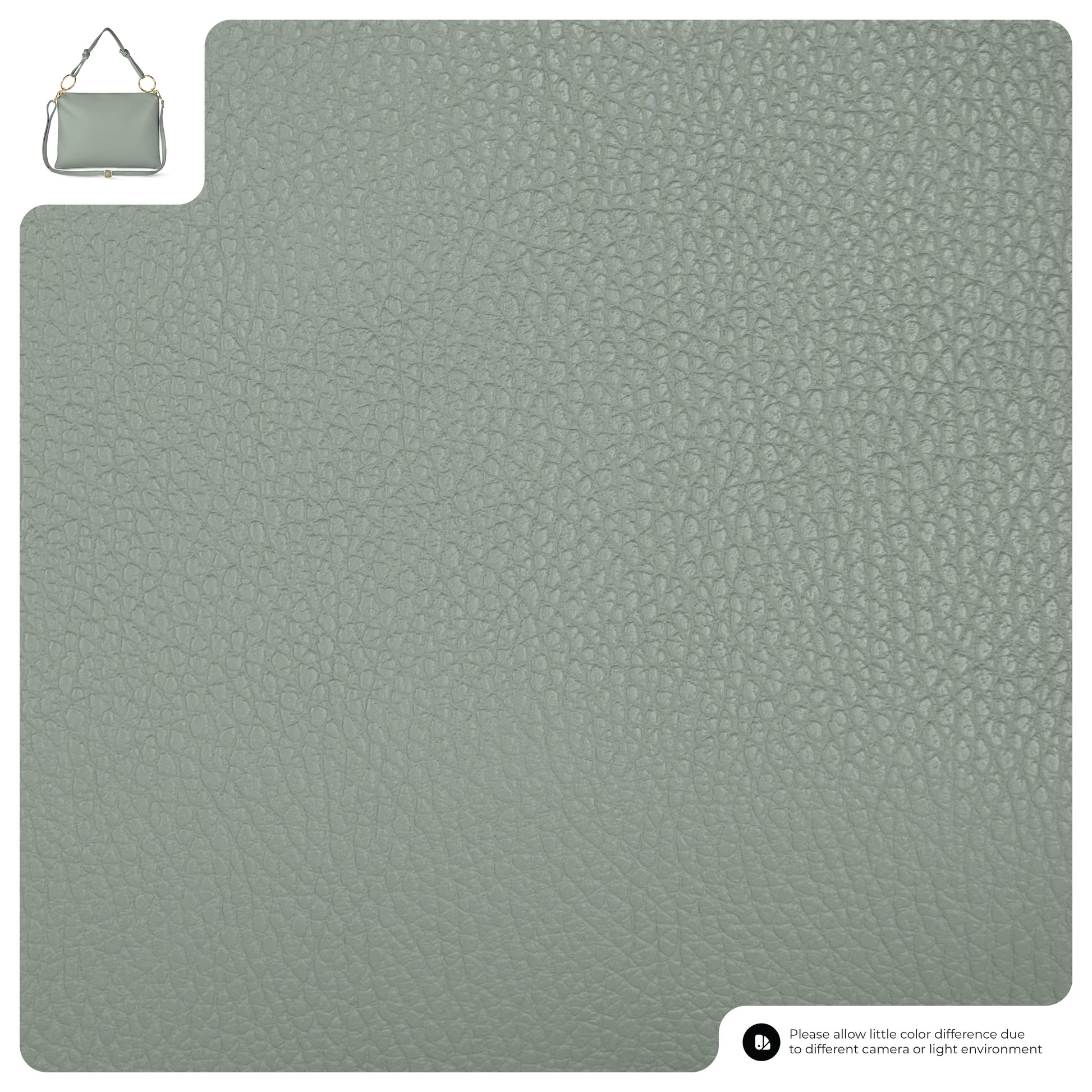 Close-up view of textured light gray-green real calf leather, with a small image of a structured zippered purse made from the same material in the upper left corner. A note about color difference appears in the bottom right.
