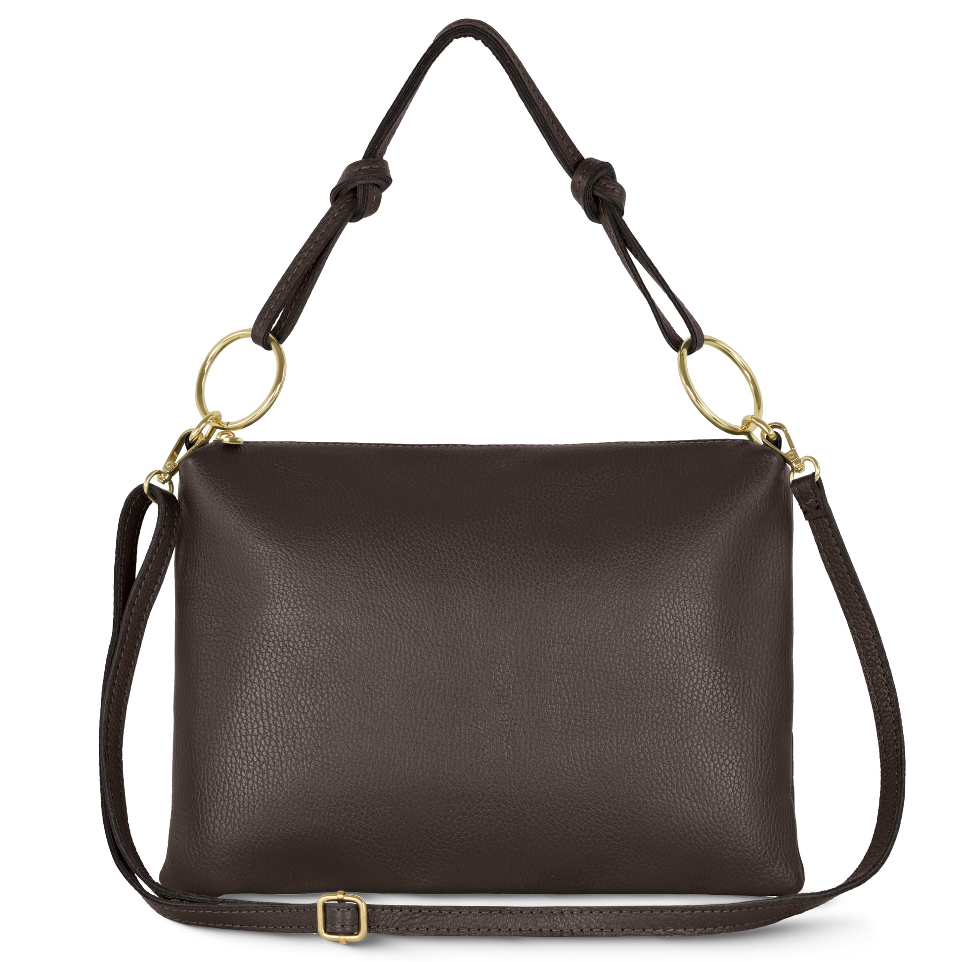 This chocolate Italian leather handbag features a textured finish, two gold rings at the handles, an adjustable shoulder strap, and a top handle with decorative knots—creating an elegant crossbody bag suited for any occasion.