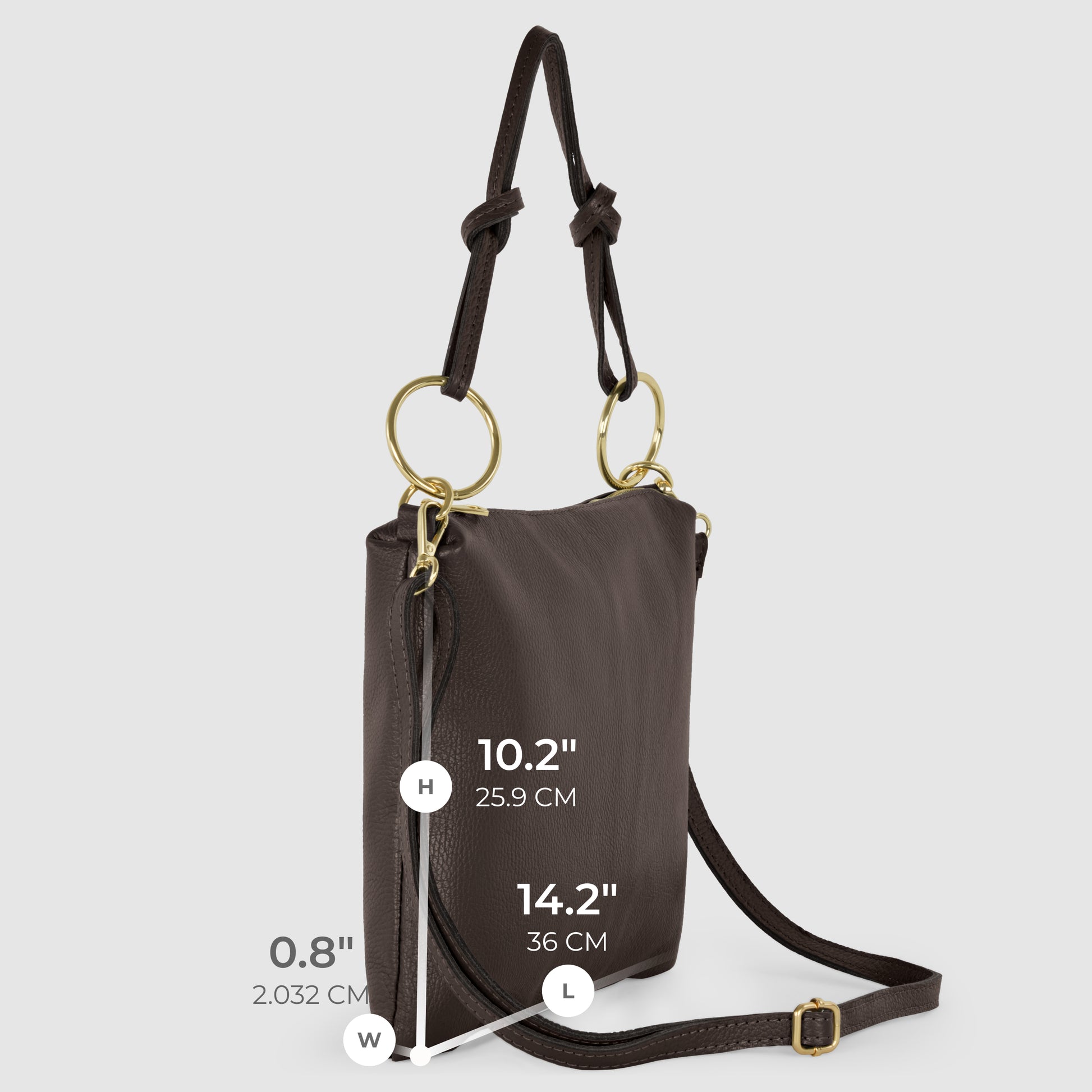 A brown Italian leather handbag with gold rings, adjustable strap, and knotted handles. This structured purse measures 10.2" high, 14.2" long, and 0.8" wide, shown against a light gray background.