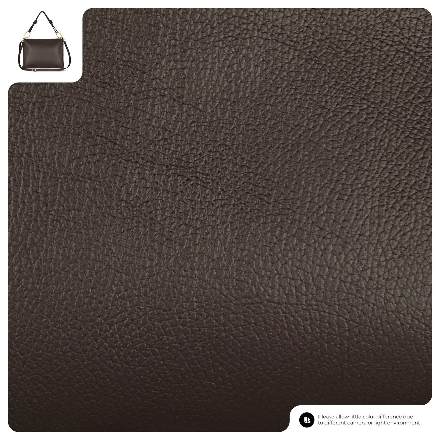 A close-up view of dark brown textured leather with a small inset image of an Italian leather handbag in the top left corner. A note at the bottom mentions possible color differences due to camera or lighting.