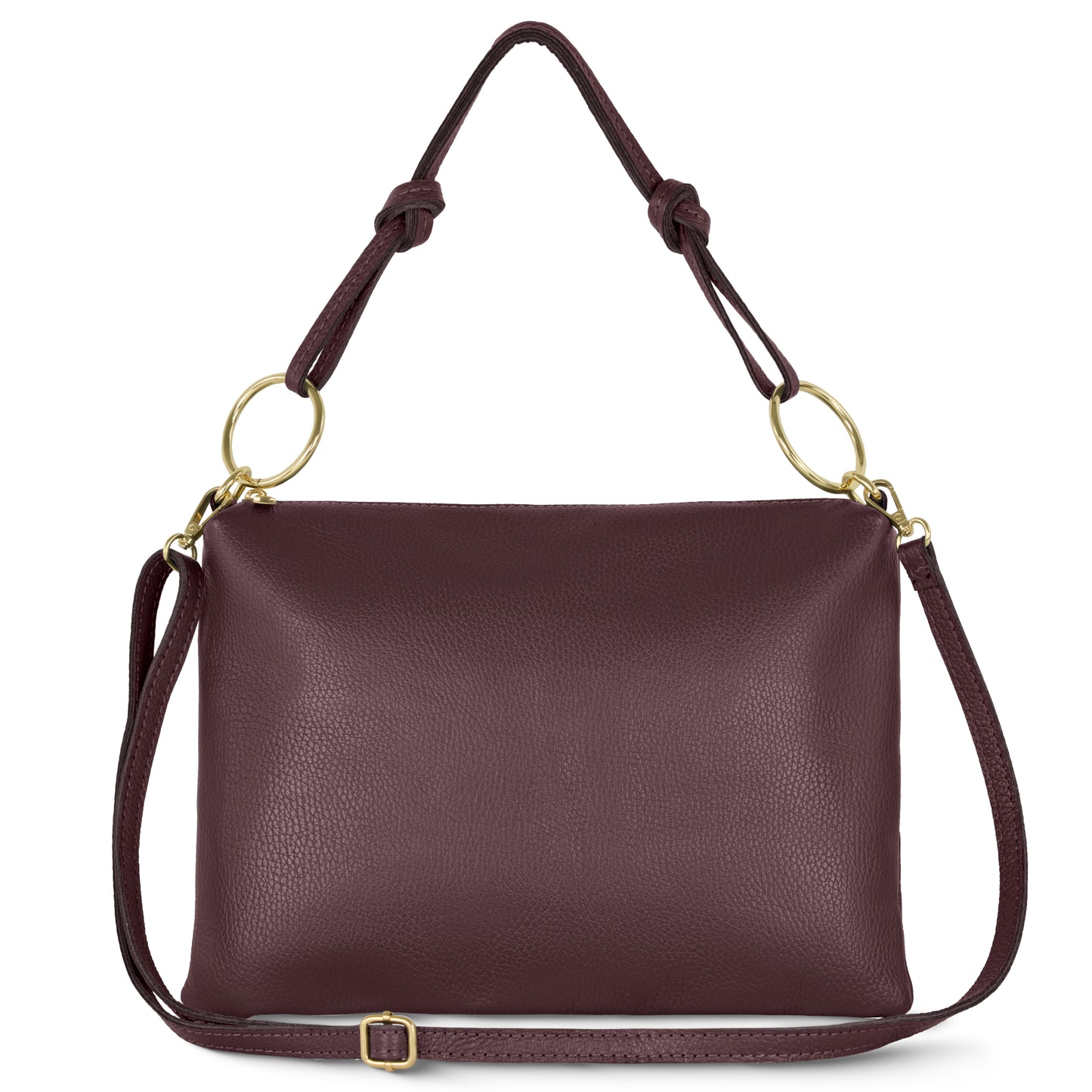 A burgundy Italian leather handbag with gold rings attaching a knotted top handle and an adjustable shoulder strap, this elegant crossbody bag is displayed against a white background.