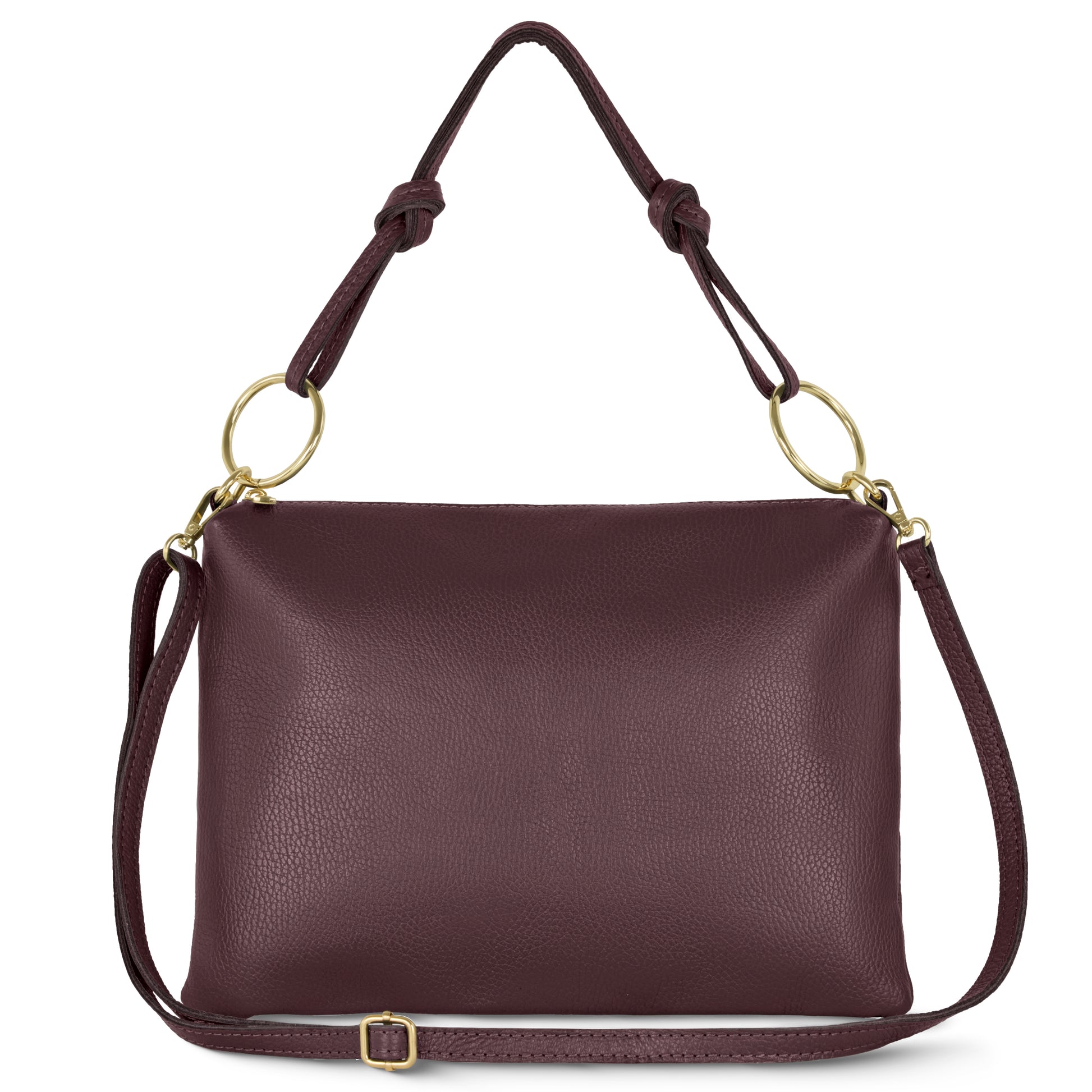 A burgundy Italian leather handbag with gold rings attaching a knotted top handle and an adjustable shoulder strap, this elegant crossbody bag is displayed against a white background.