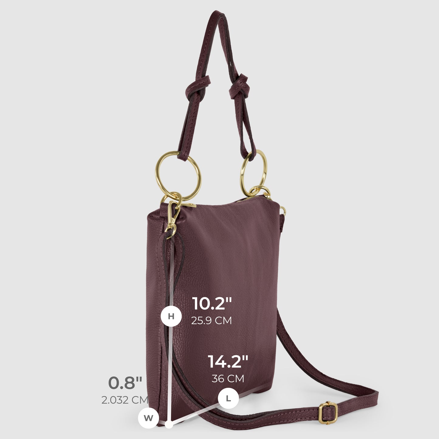 A maroon Italian leather handbag with gold hardware, adjustable strap, and decorative knots. This structured purse measures 10.2" high, 14.2" long, and 0.8" wide. The background is light gray.