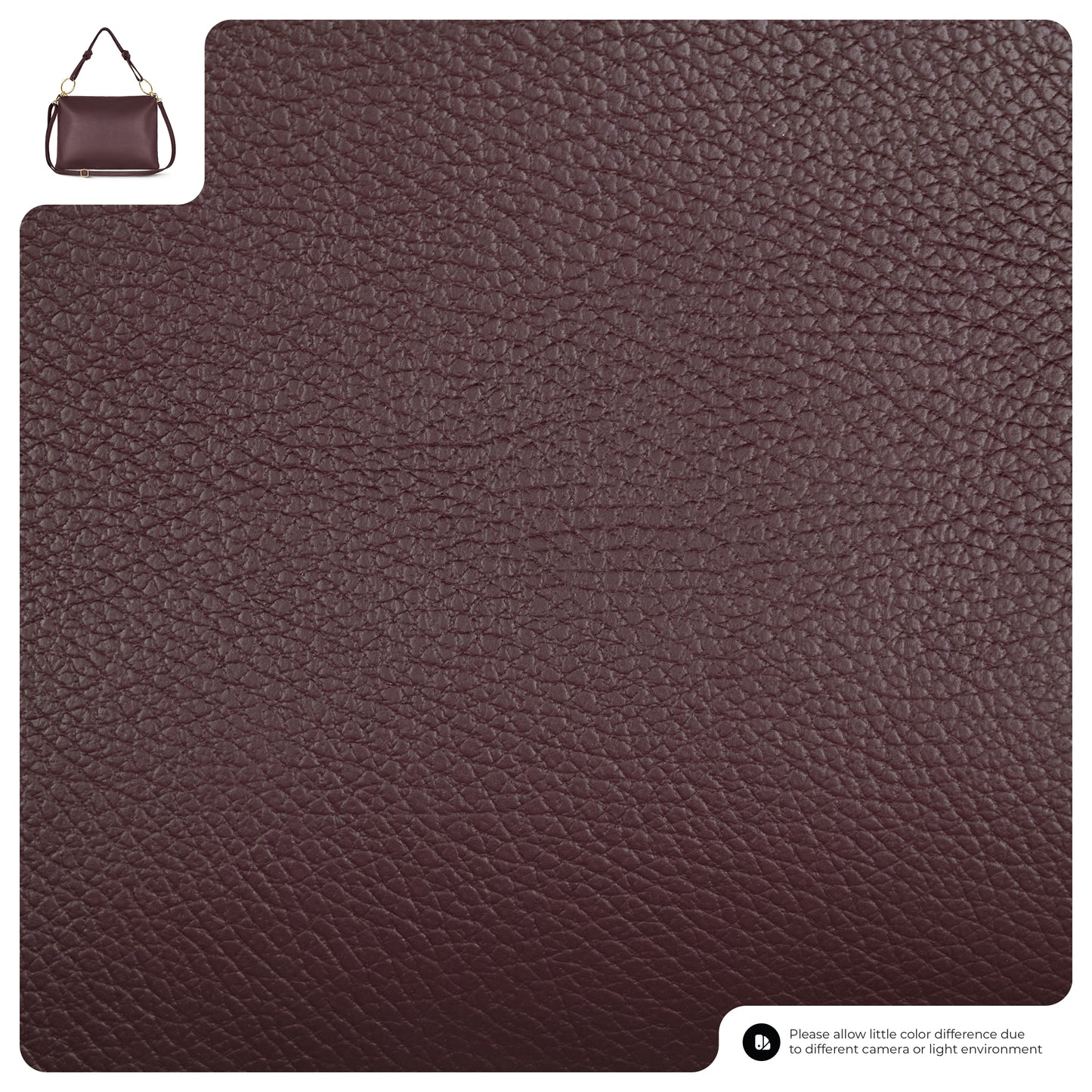 A close-up of textured dark brown Italian leather, with a small image of a matching Italian leather handbag in the top left corner. A note at the bottom mentions possible color differences due to lighting or camera settings.