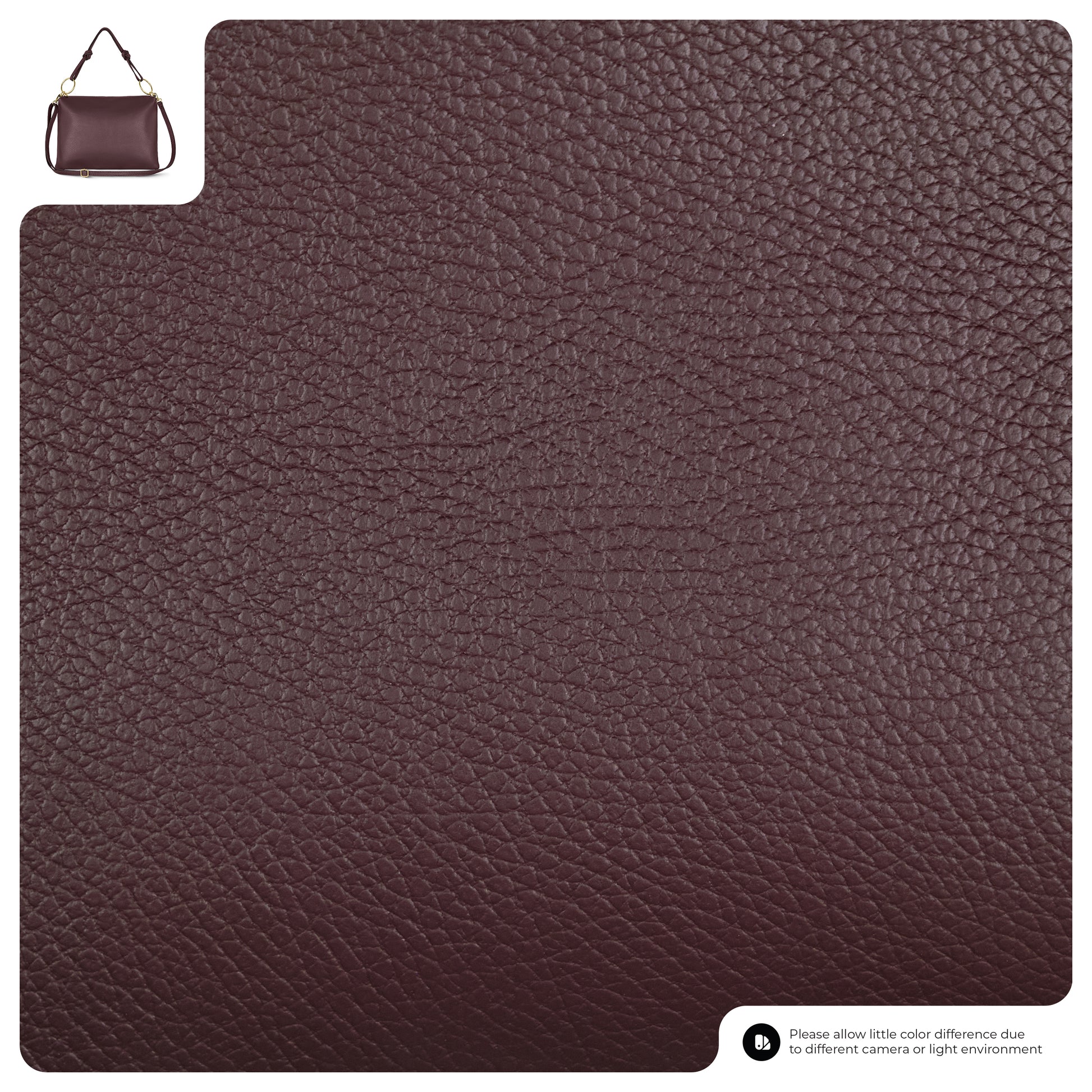 A close-up of textured dark brown Italian leather, with a small image of a matching Italian leather handbag in the top left corner. A note at the bottom mentions possible color differences due to lighting or camera settings.
