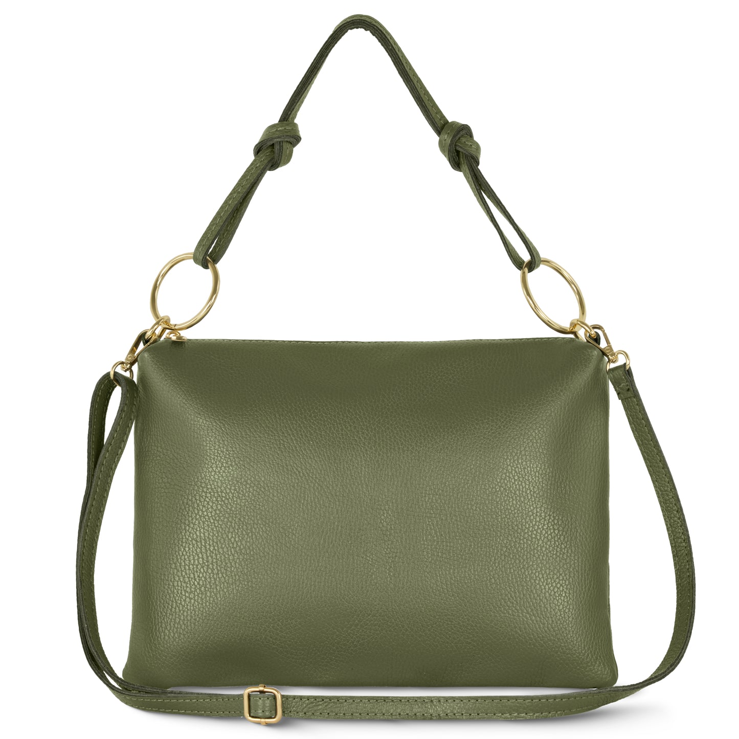 An olive, rectangular Italian leather handbag with gold rings connecting the handle and an adjustable shoulder strap is shown on a white background.