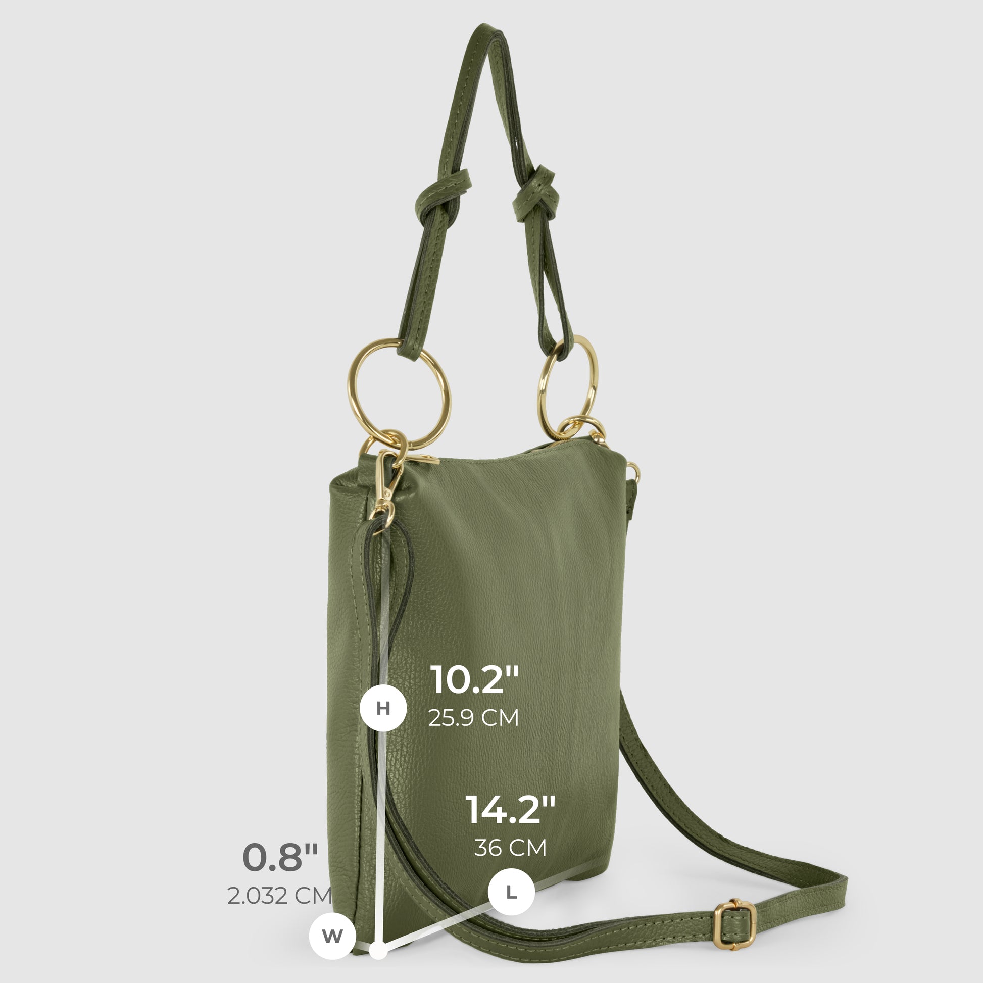 Olive green Italian leather handbag with gold rings and knotted handles. Bag dimensions: 10.2 height, 14.2 length, and 0.8 width (25.9 cm H, 36 cm L, 2.03 cm W). Includes a long adjustable shoulder strap for crossbody bag styling.