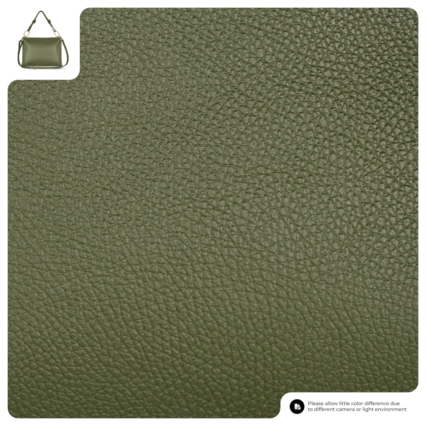 Close-up of textured olive green real calf leather. In the top left corner, a small image of a green Italian leather handbag appears, showcasing the type of product crafted from this luxurious material.