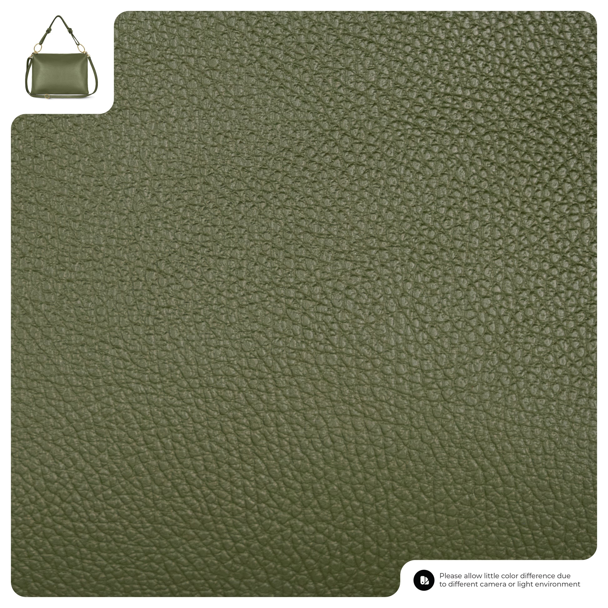 Close-up of textured olive green real calf leather. In the top left corner, a small image of a green Italian leather handbag appears, showcasing the type of product crafted from this luxurious material.