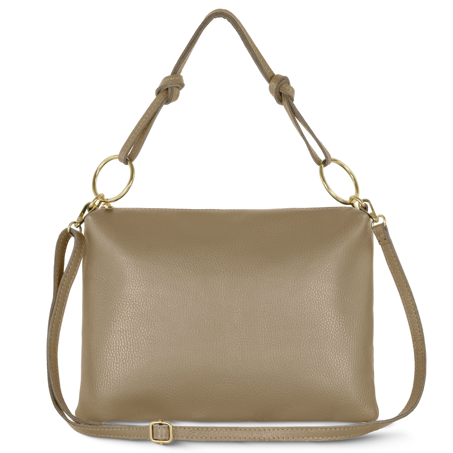 A structured taupe handbag in Italian leather with gold rings, top handle with knotted details, zip closure, and adjustable shoulder strap. Handmade in Italy and shown against a white background.