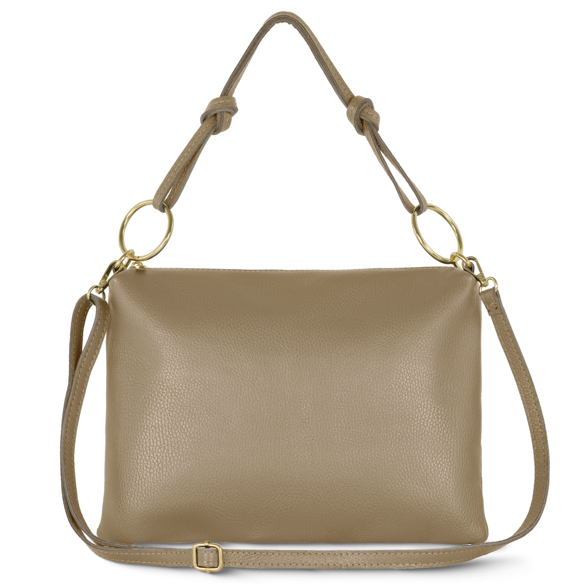 A structured taupe handbag in Italian leather with gold rings, top handle with knotted details, zip closure, and adjustable shoulder strap. Handmade in Italy and shown against a white background.