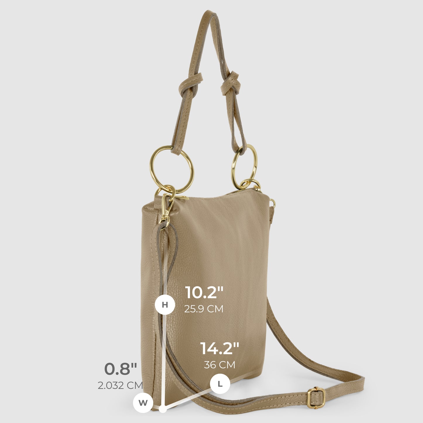 A structured purse in beige with gold rings, adjustable strap, and knotted handles. Dimensions: height 10.2 (25.9 cm), width 0.8 (2.03 cm), length 14.2 (36 cm); displayed on a light gray background for a chic look.