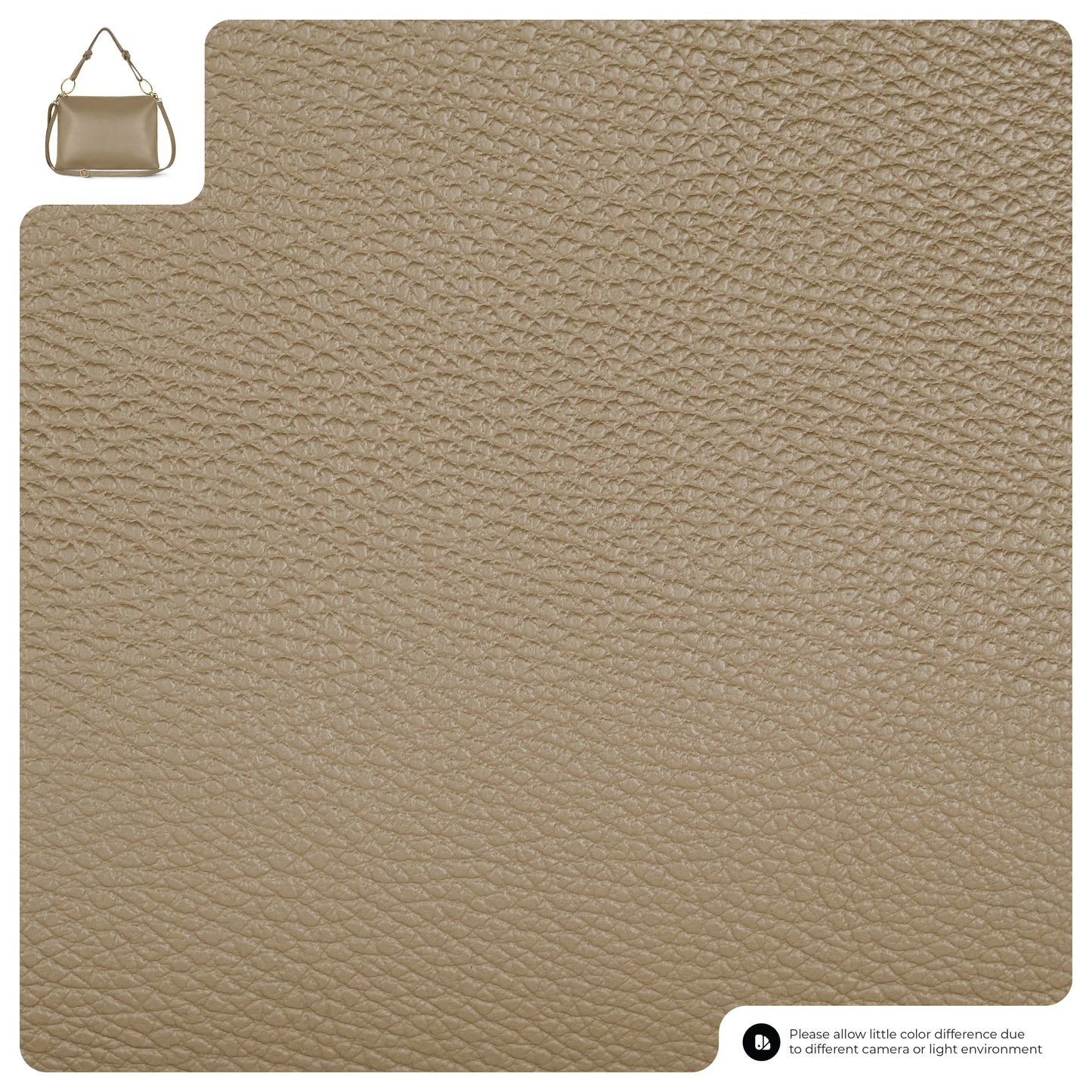 A close-up of textured taupe Italian leather with a small image of a structured zippered handbag in the top left corner and a note about possible color differences in the bottom right corner.