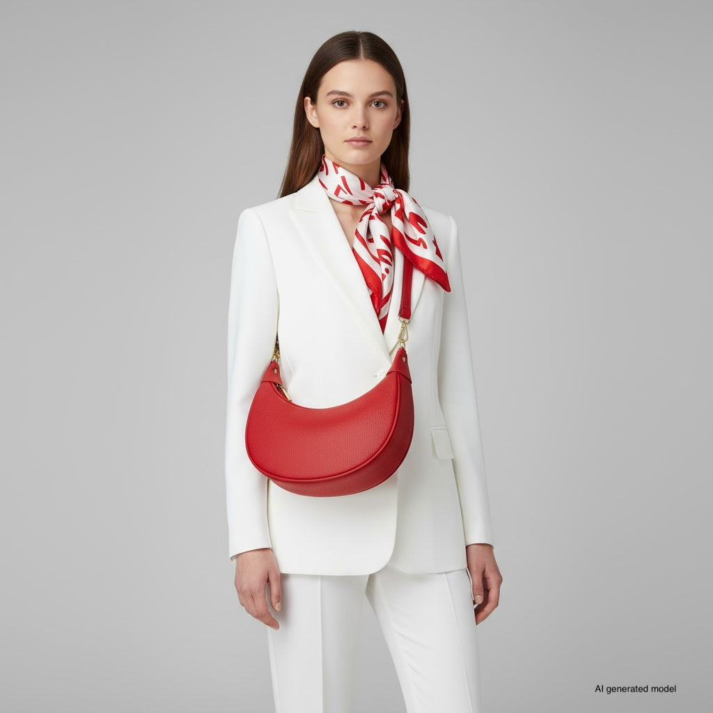 A woman in a white suit stands against a gray background, wearing a red and white patterned scarf and carrying a crescent-shaped handbag crafted from Italian calf leather, showcasing exquisite artisan craftsmanship.