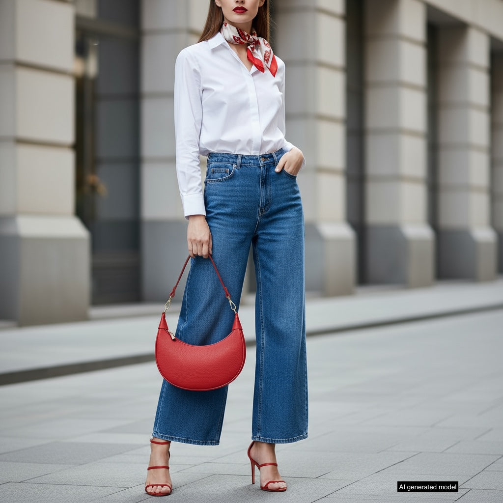 A person stands on a city sidewalk wearing a white shirt, blue wide-leg jeans, red high-heeled sandals, a red scarf, and holding a crescent-shaped handbag crafted from Italian calf leather. The background features modern building facades.