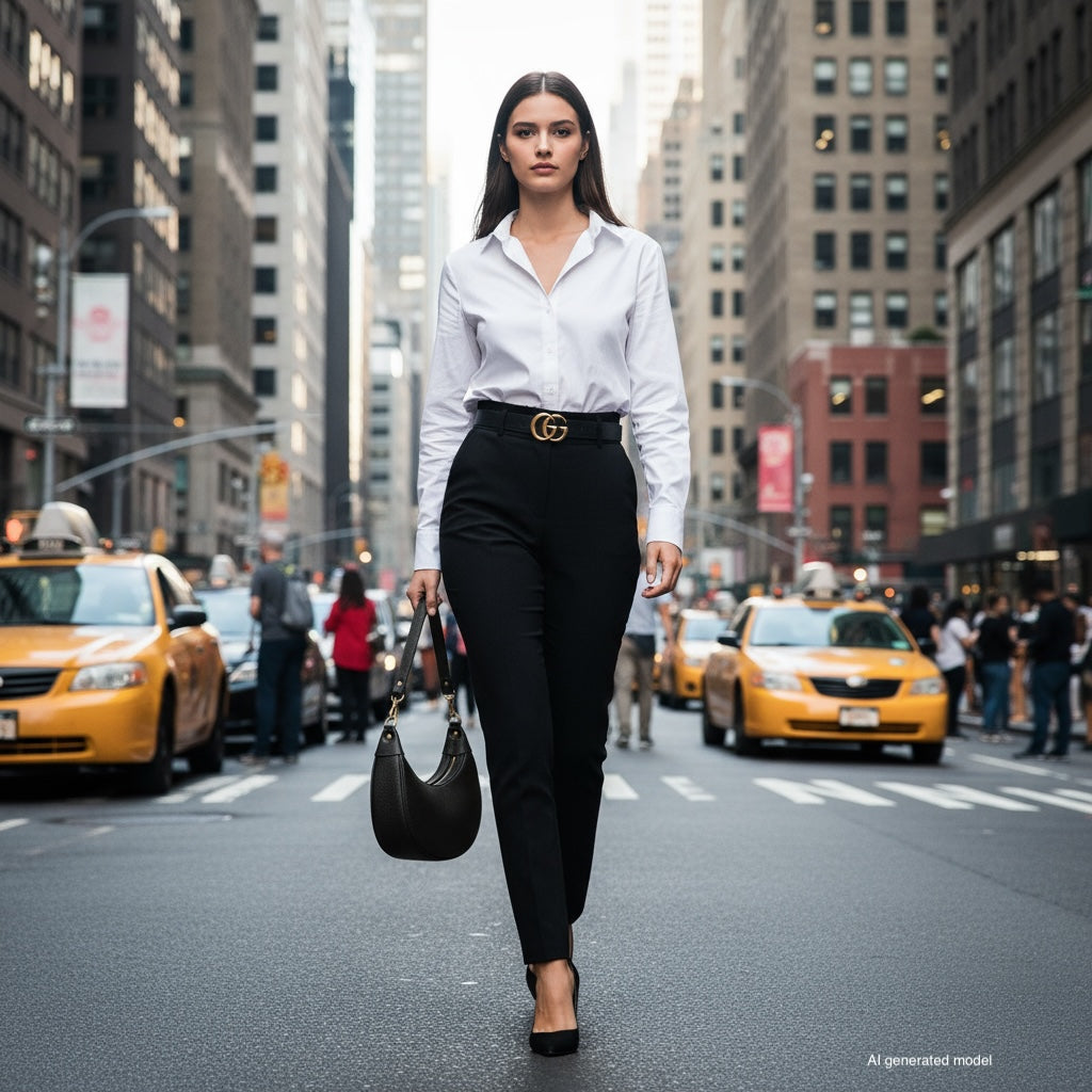 A woman in a white blouse and black pants walks confidently down a city street, carrying a crescent-shaped handbag crafted with artisan craftsmanship, surrounded by yellow taxis and tall buildings. She wears black heels.