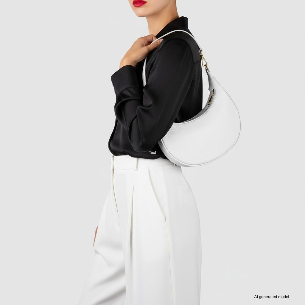 A woman wearing a black blouse and high-waisted white pants holds a crescent-shaped handbag in Italian calf leather. Her hair is tied back, and she has red lipstick. The background is plain light gray.